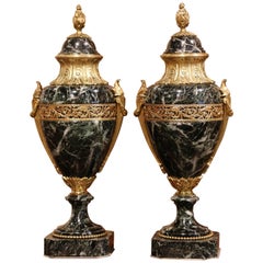 Pair of 19th Century French Carved Green Marble and Gilt Bronze Cassolettes
