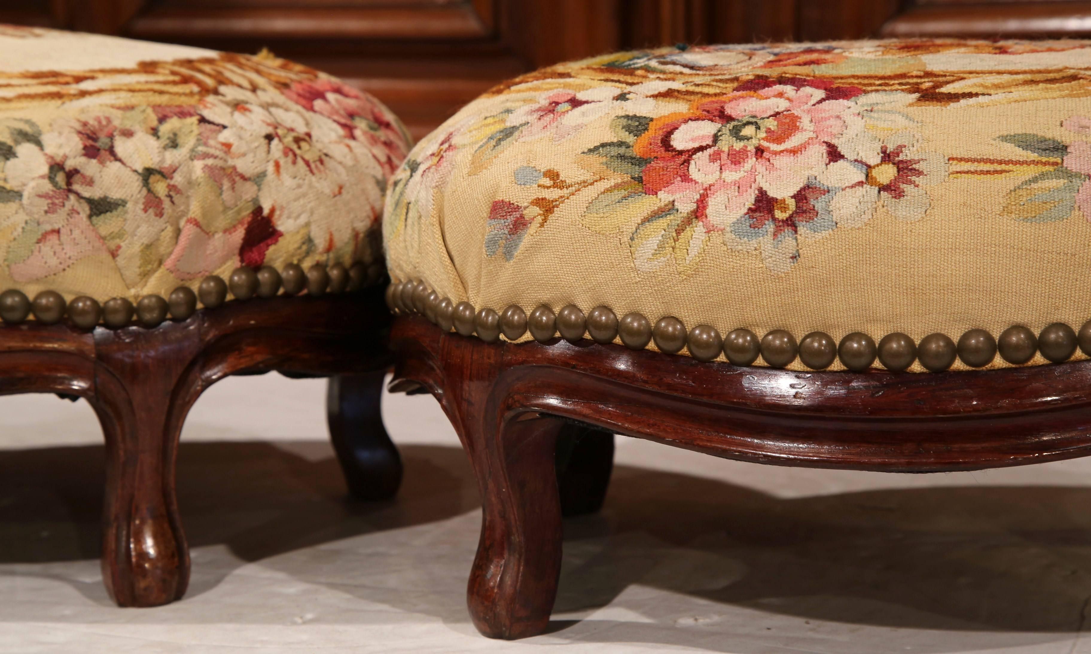 Pair of 19th Century, French, Carved Mahogany Foot Stools with Aubusson Tapestry 5