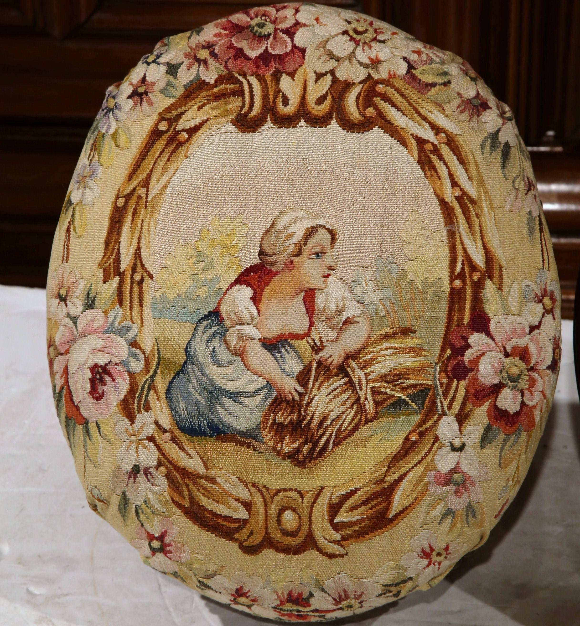 Napoleon III Pair of 19th Century, French, Carved Mahogany Foot Stools with Aubusson Tapestry