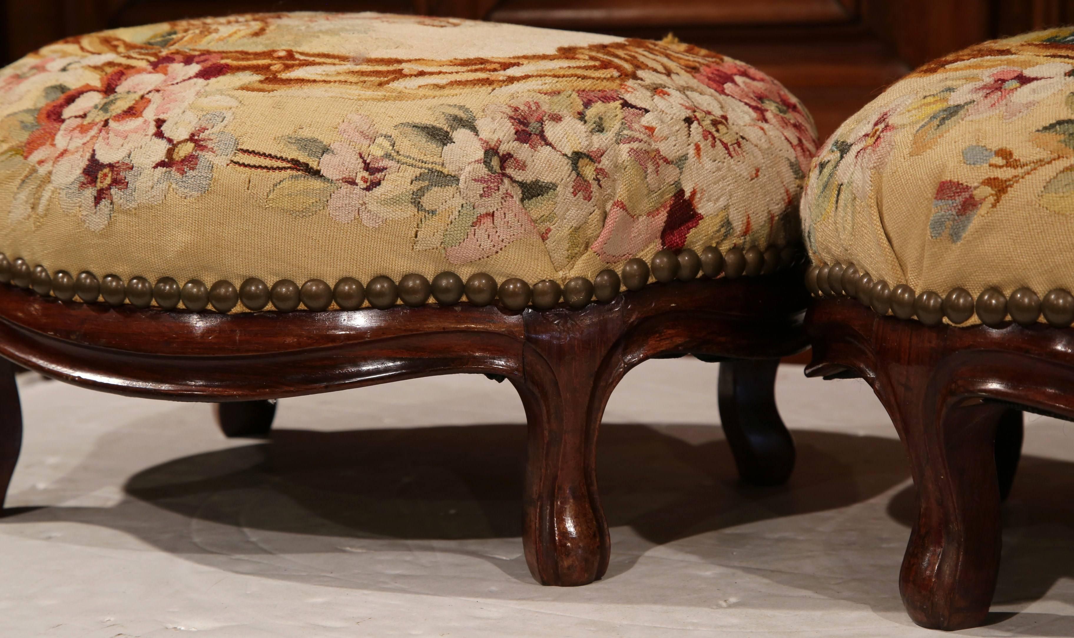 Pair of 19th Century, French, Carved Mahogany Foot Stools with Aubusson Tapestry 1