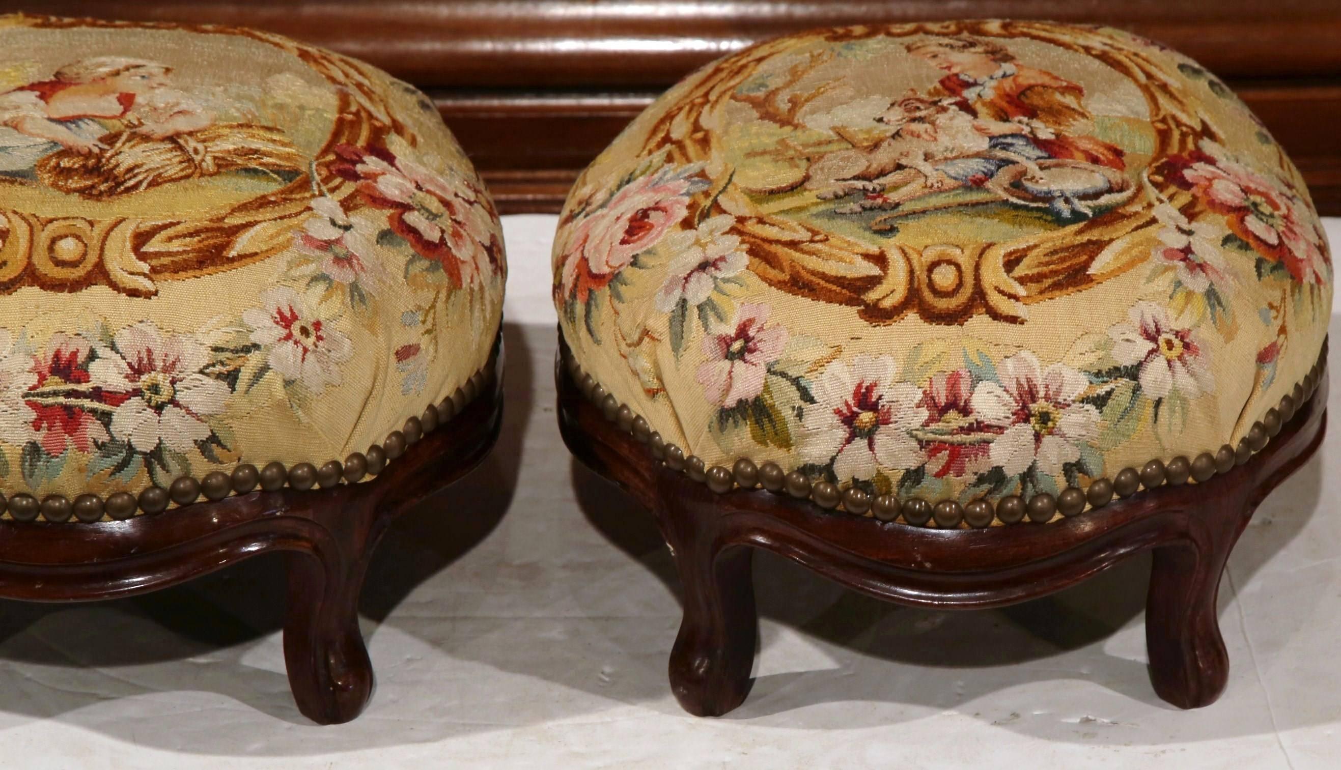 Pair of 19th Century, French, Carved Mahogany Foot Stools with Aubusson Tapestry 2