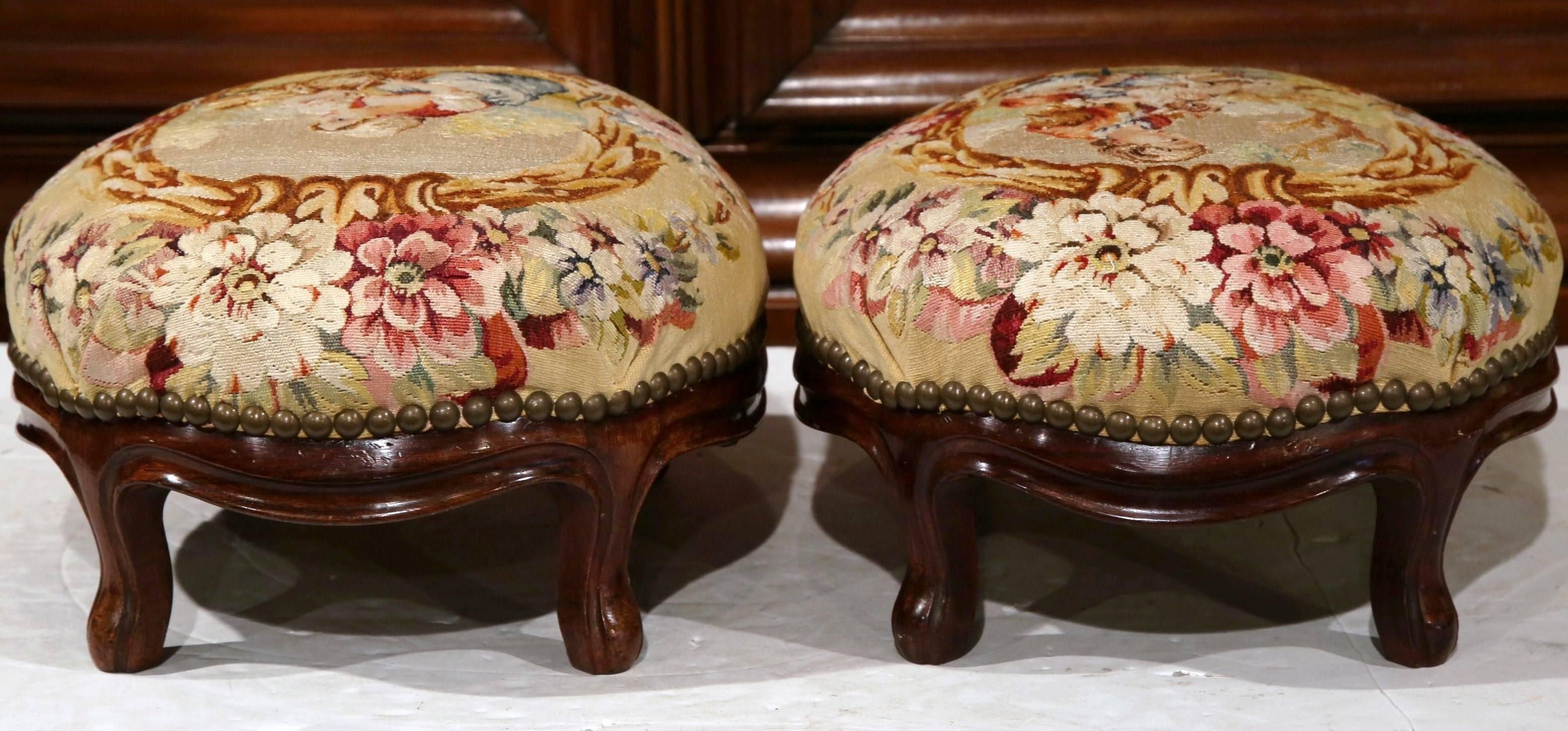 Pair of 19th Century, French, Carved Mahogany Foot Stools with Aubusson Tapestry 3