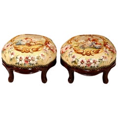 Pair of 19th Century, French, Carved Mahogany Foot Stools with Aubusson Tapestry