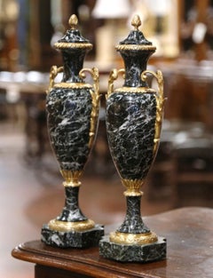 Pair of 19th Century French Carved Marble and Bronze Dore Cassolettes