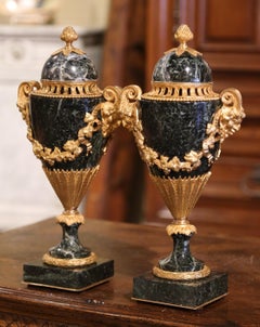 Pair of 19th Century French Carved Marble and Bronze Dore Cassolettes Vases