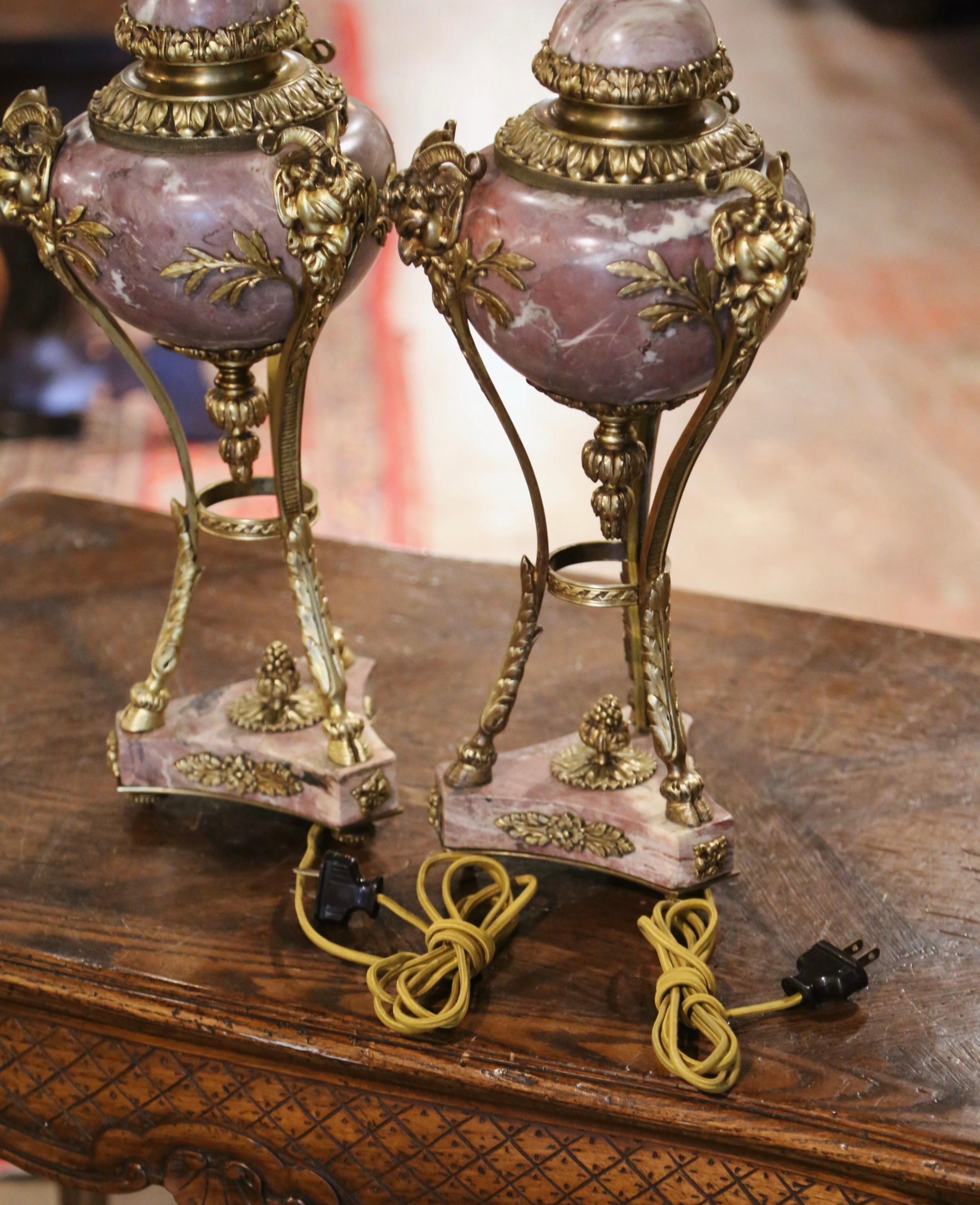 Pair of 19th Century French Carved Marble and Gilt Bronze Cassolette Lamps For Sale 8