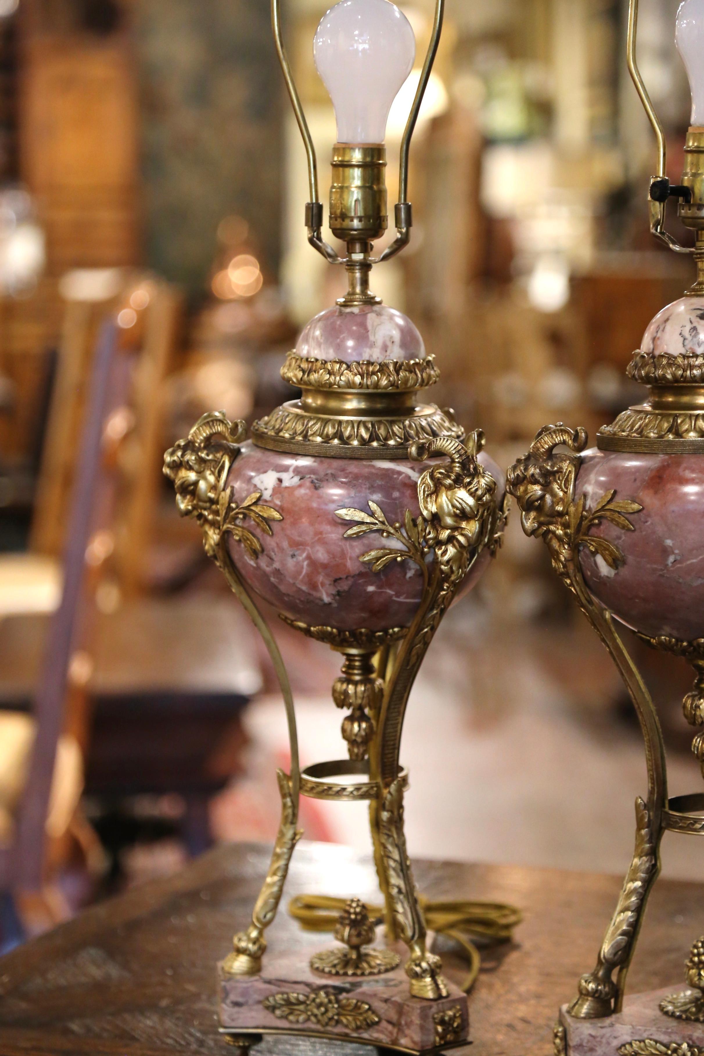 Hand-Carved Pair of 19th Century French Carved Marble and Gilt Bronze Cassolette Lamps For Sale