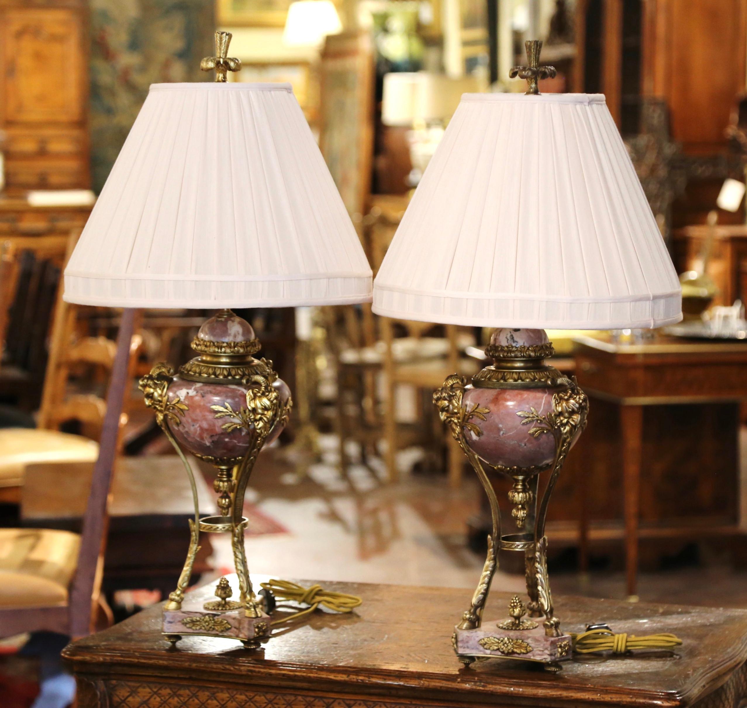 Pair of 19th Century French Carved Marble and Gilt Bronze Cassolette Lamps In Excellent Condition For Sale In Dallas, TX