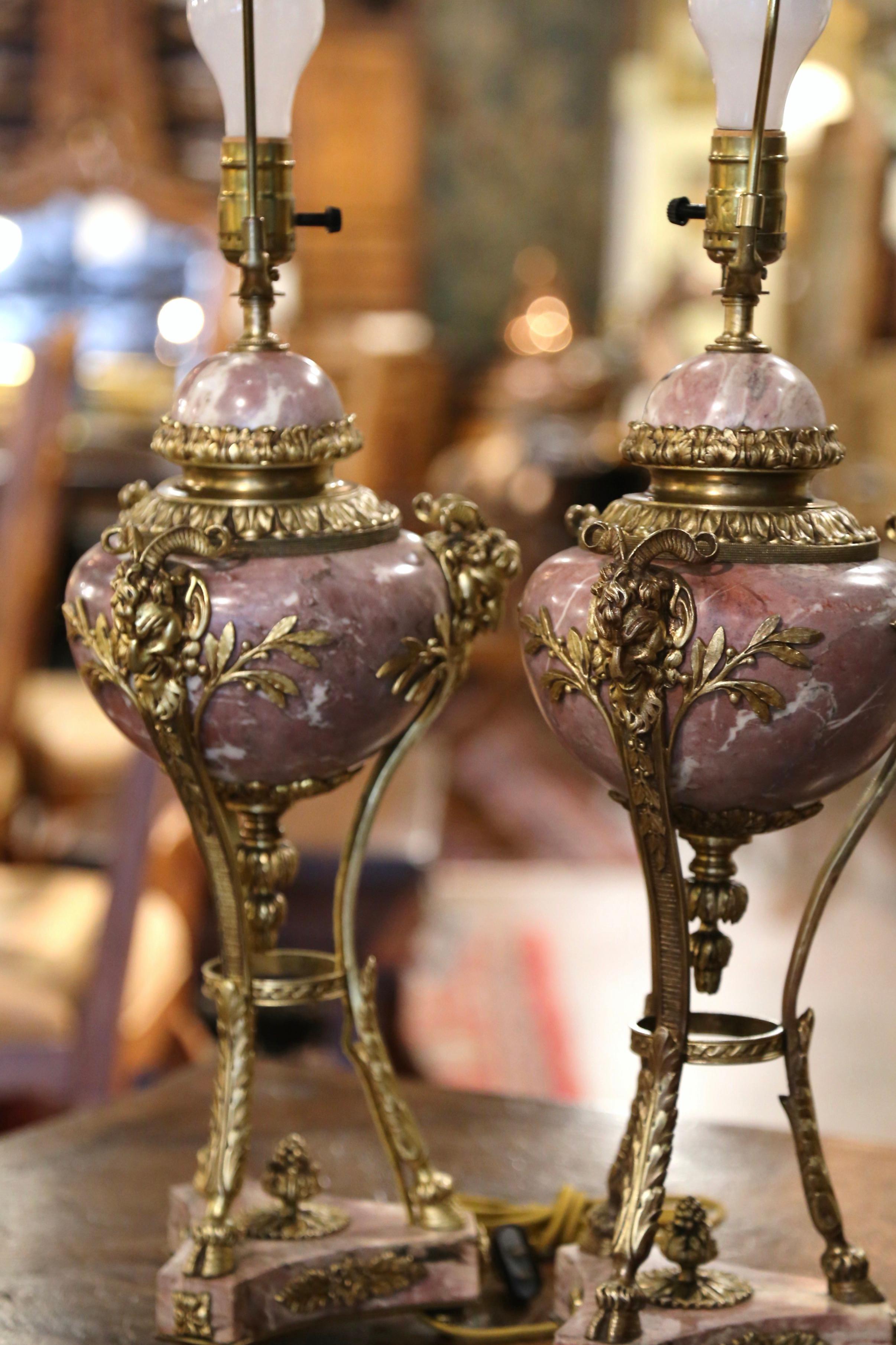 Pair of 19th Century French Carved Marble and Gilt Bronze Cassolette Lamps For Sale 3