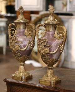 Pair of 19th Century French Carved Marble and Gilt Bronze Covered Cassolettes