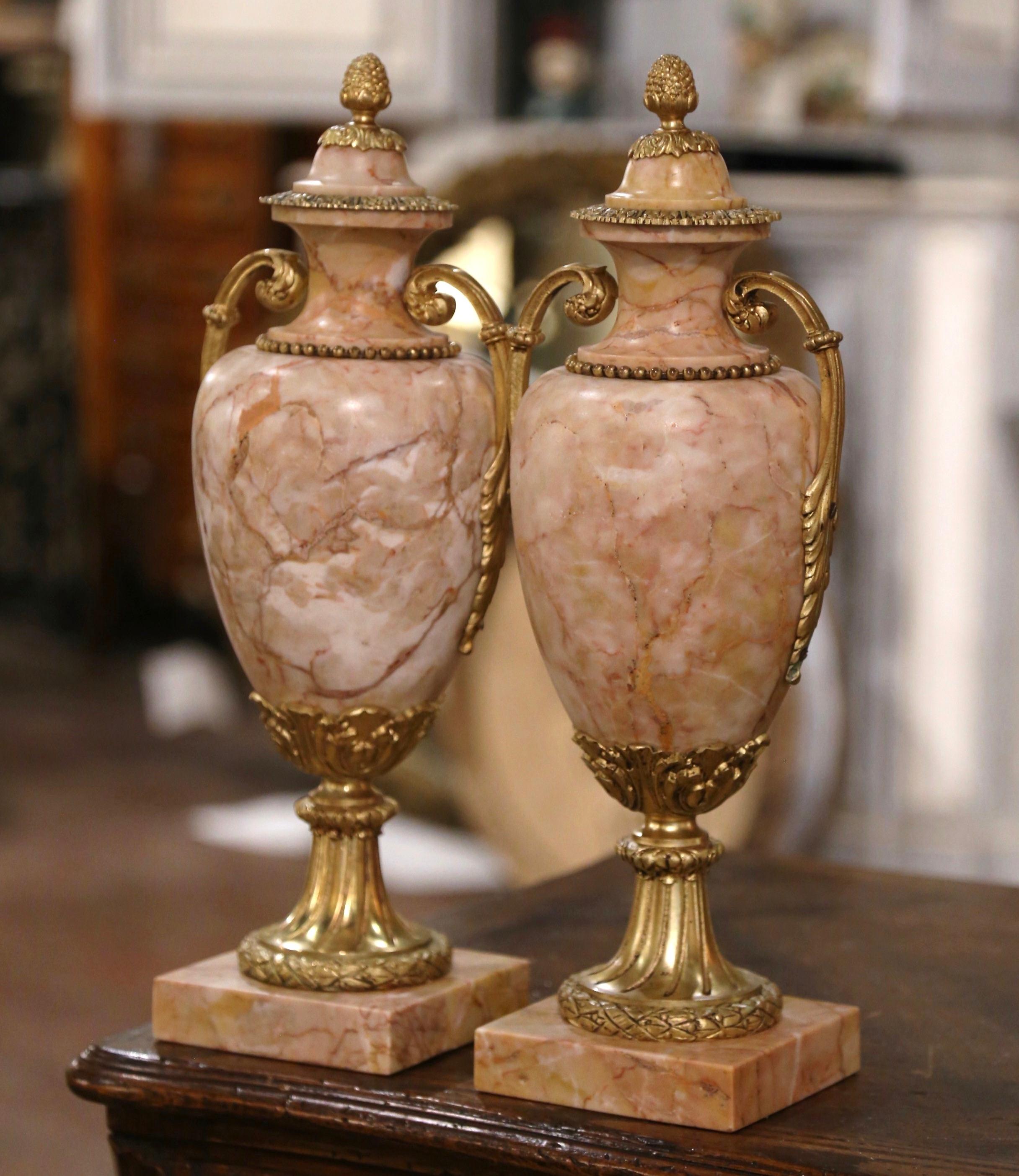 Hand-Carved Pair of 19th Century French Carved Marble and Gilt Bronze Covered Cassolettes