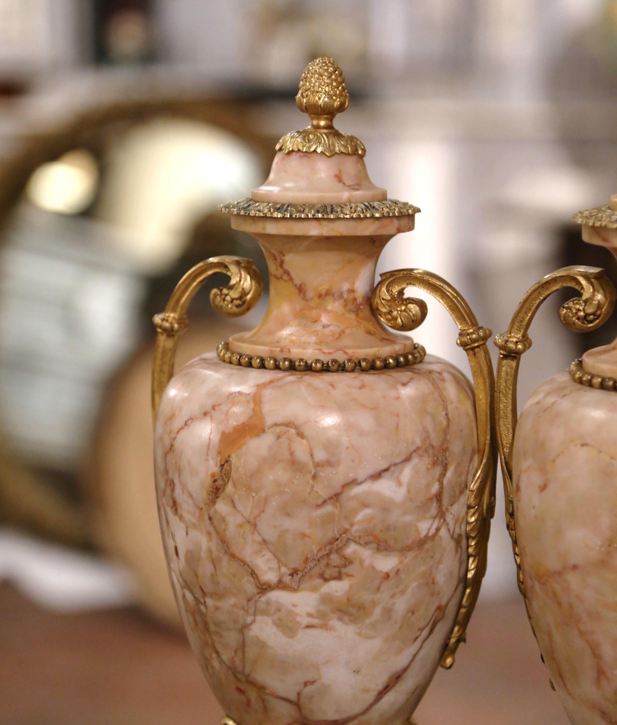 Pair of 19th Century French Carved Marble and Gilt Bronze Covered Cassolettes In Excellent Condition In Dallas, TX