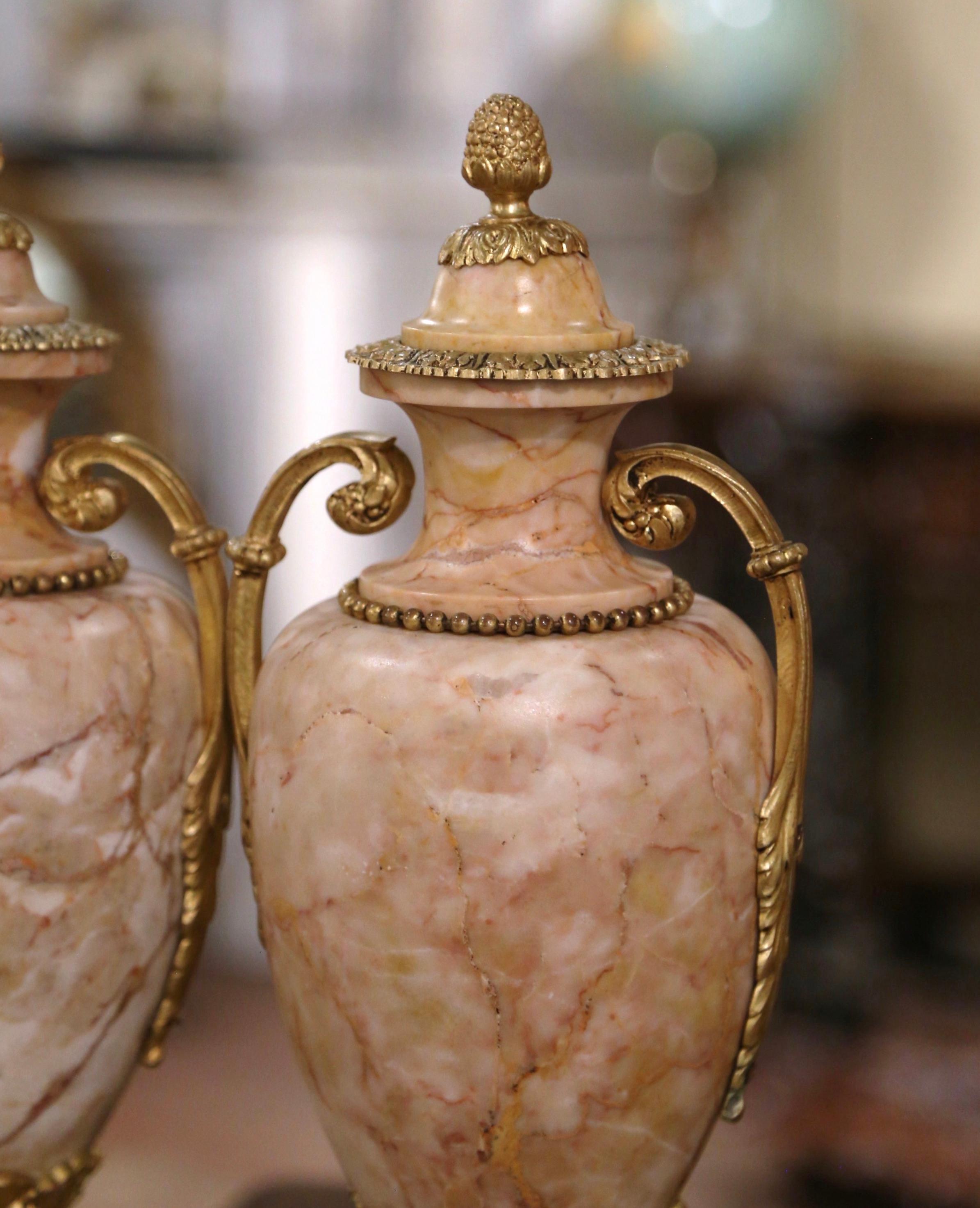 Pair of 19th Century French Carved Marble and Gilt Bronze Covered Cassolettes 1