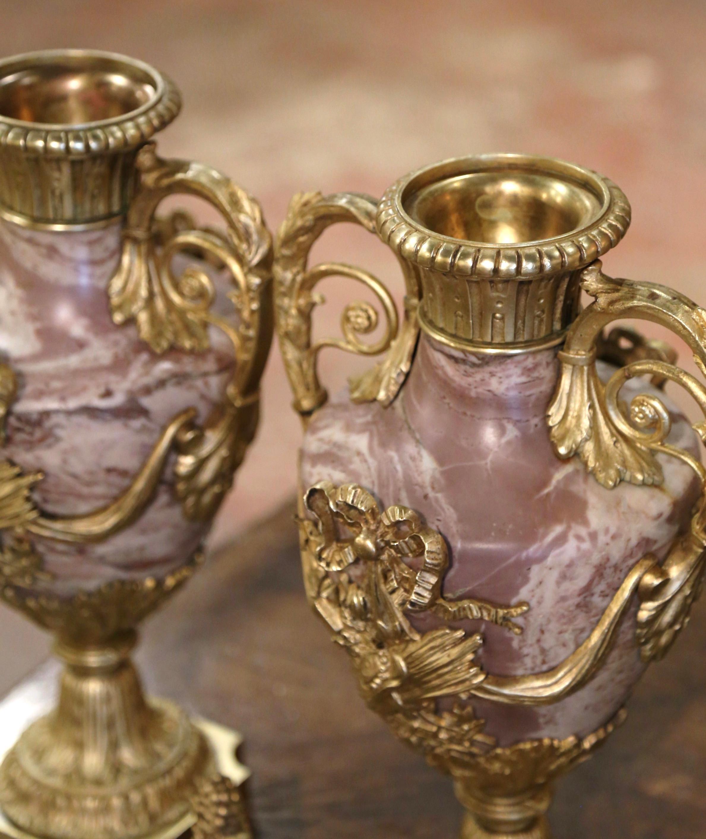 Pair of 19th Century French Carved Marble and Gilt Bronze Covered Cassolettes For Sale 2