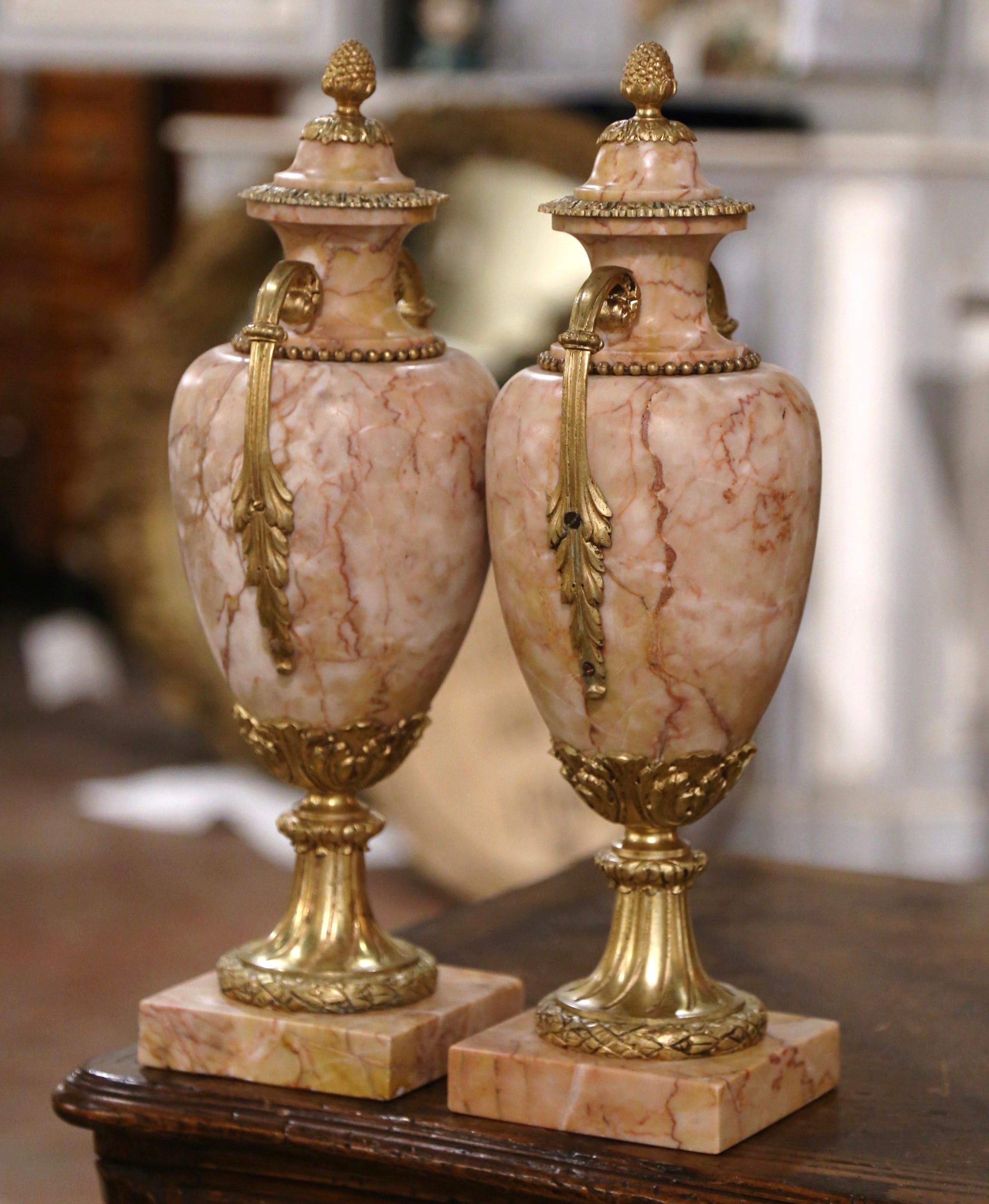 Pair of 19th Century French Carved Marble and Gilt Bronze Covered Cassolettes 2