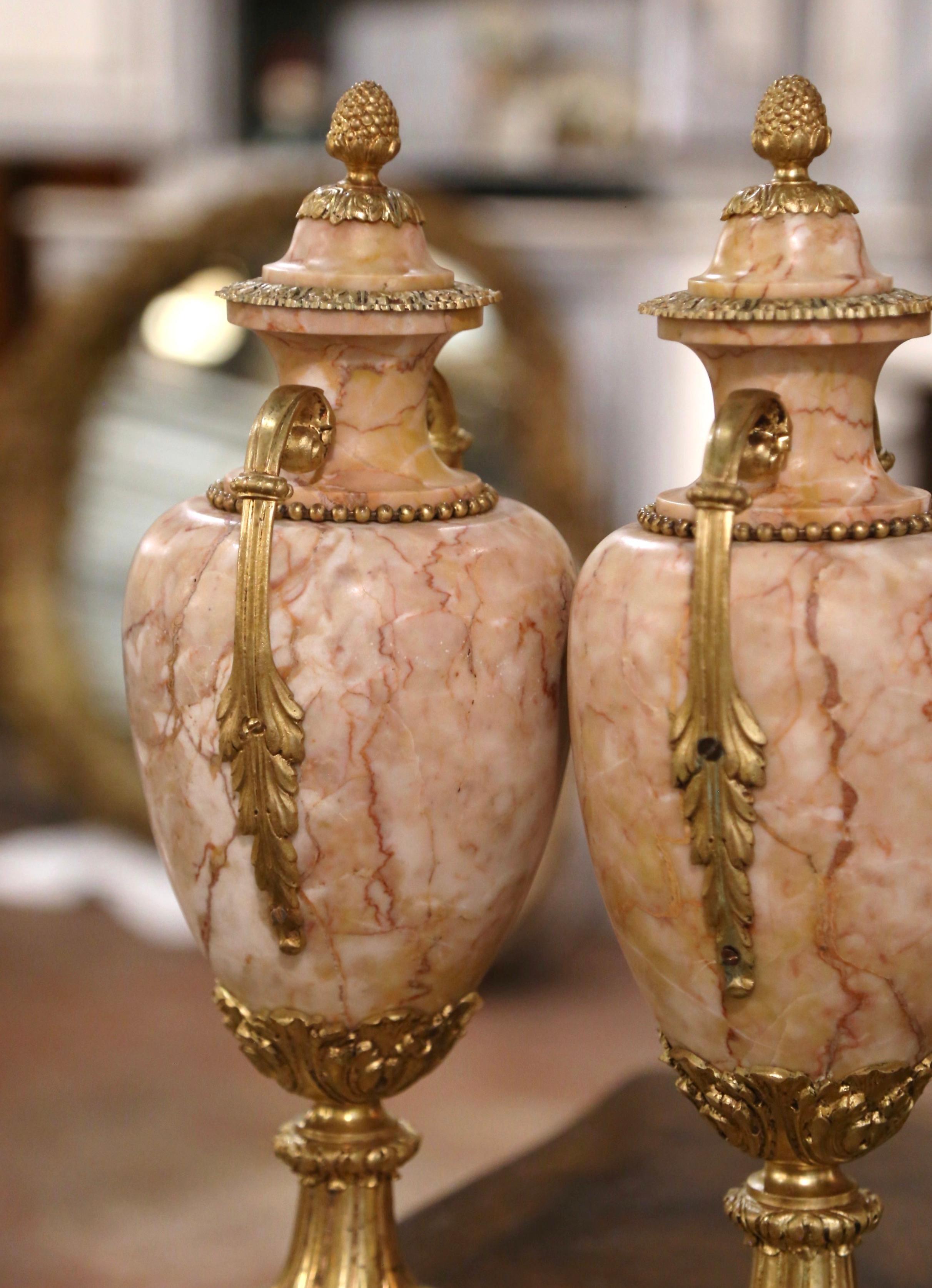 Pair of 19th Century French Carved Marble and Gilt Bronze Covered Cassolettes 3