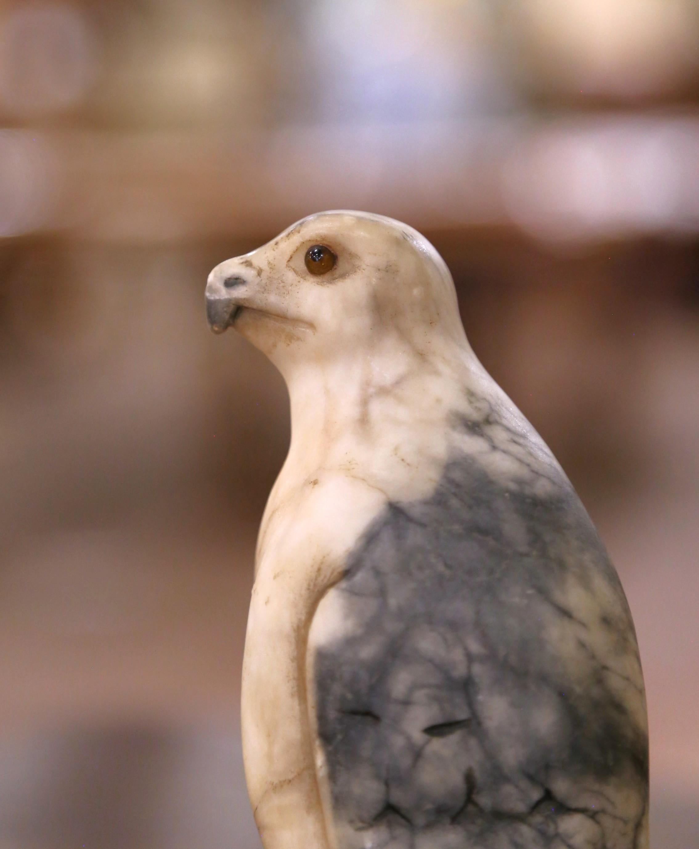 Hand-Carved Pair of 19th Century French Carved Marble Eagle Sculptures with Glass Eyes For Sale
