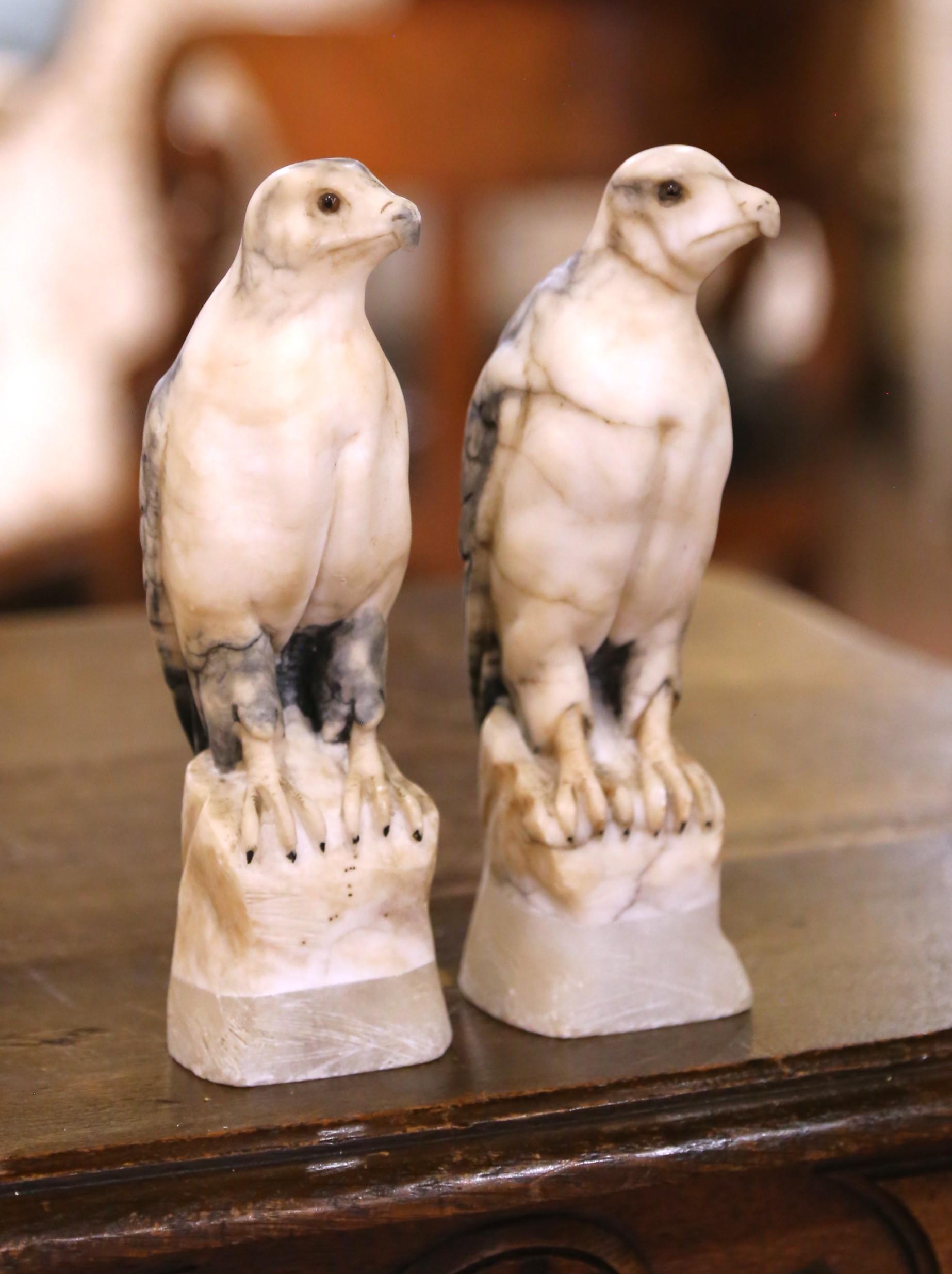 Pair of 19th Century French Carved Marble Eagle Sculptures with Glass Eyes For Sale 2