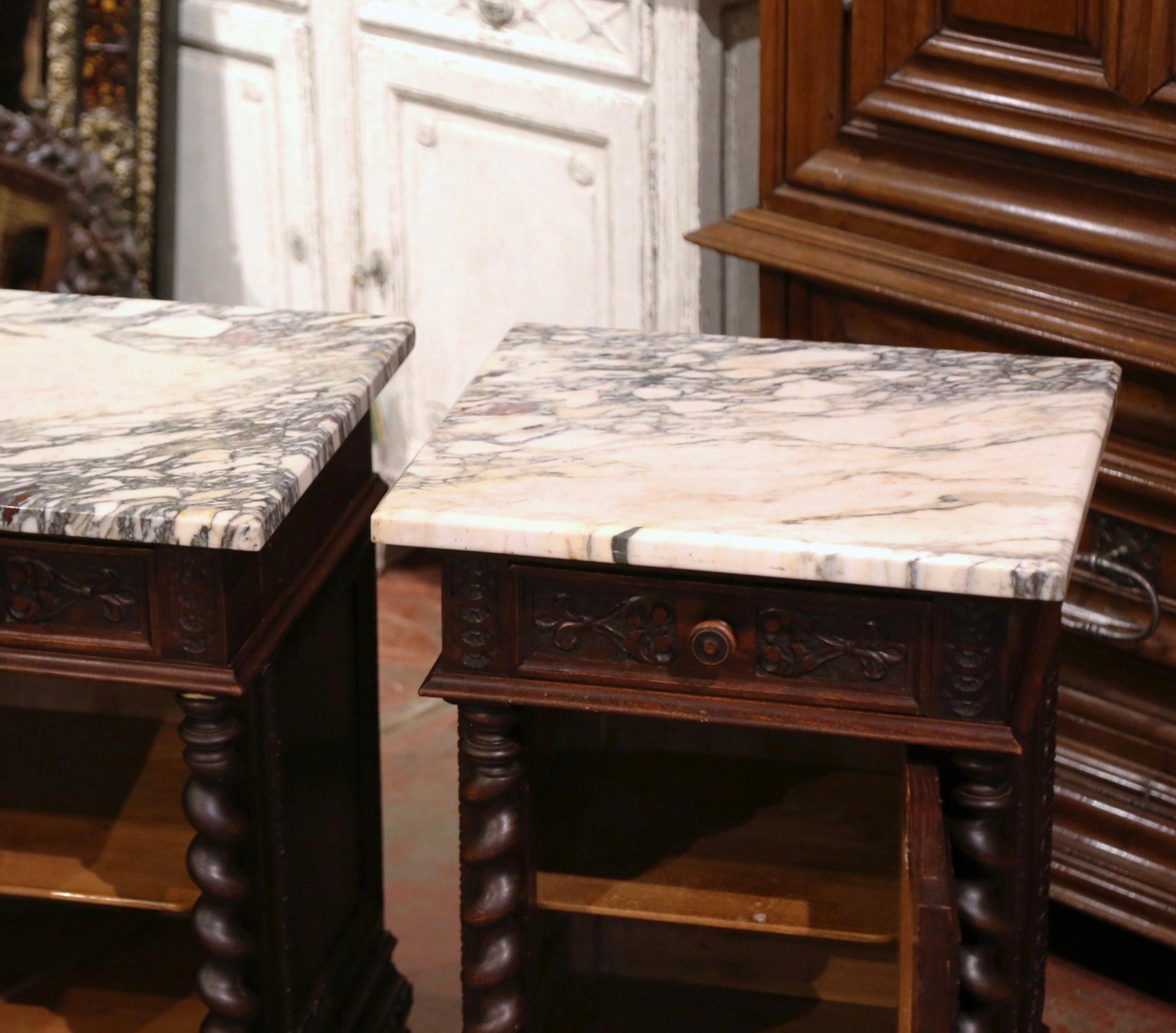 Pair of 19th Century French Carved Oak Nightstands with Marble Top 7