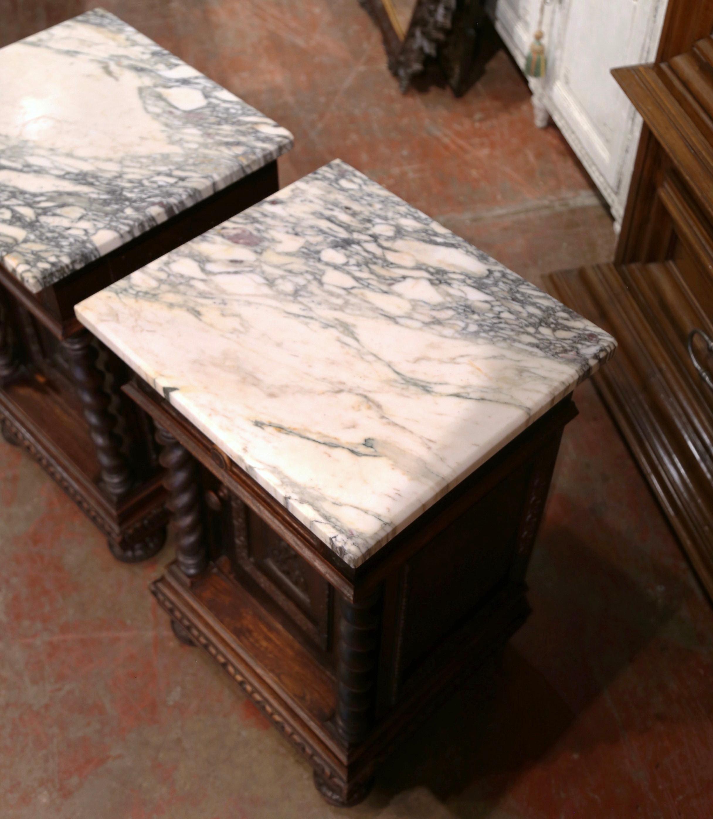 Pair of 19th Century French Carved Oak Nightstands with Marble Top 8