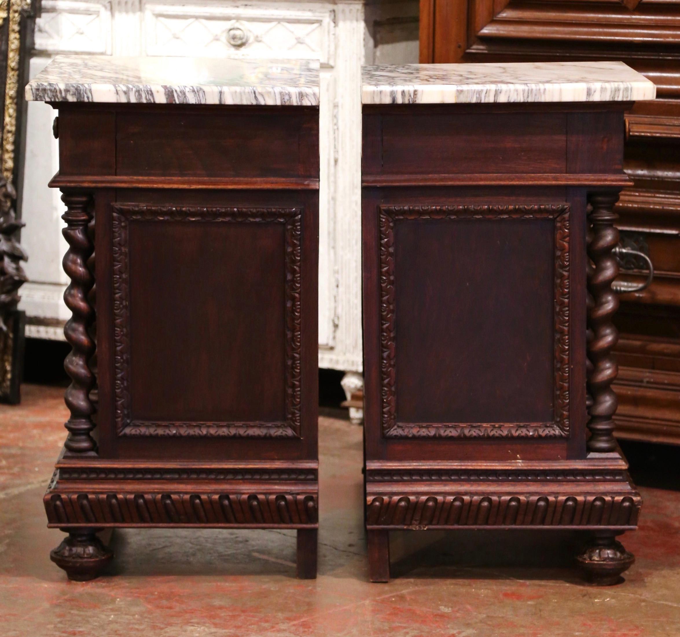 Pair of 19th Century French Carved Oak Nightstands with Marble Top 9