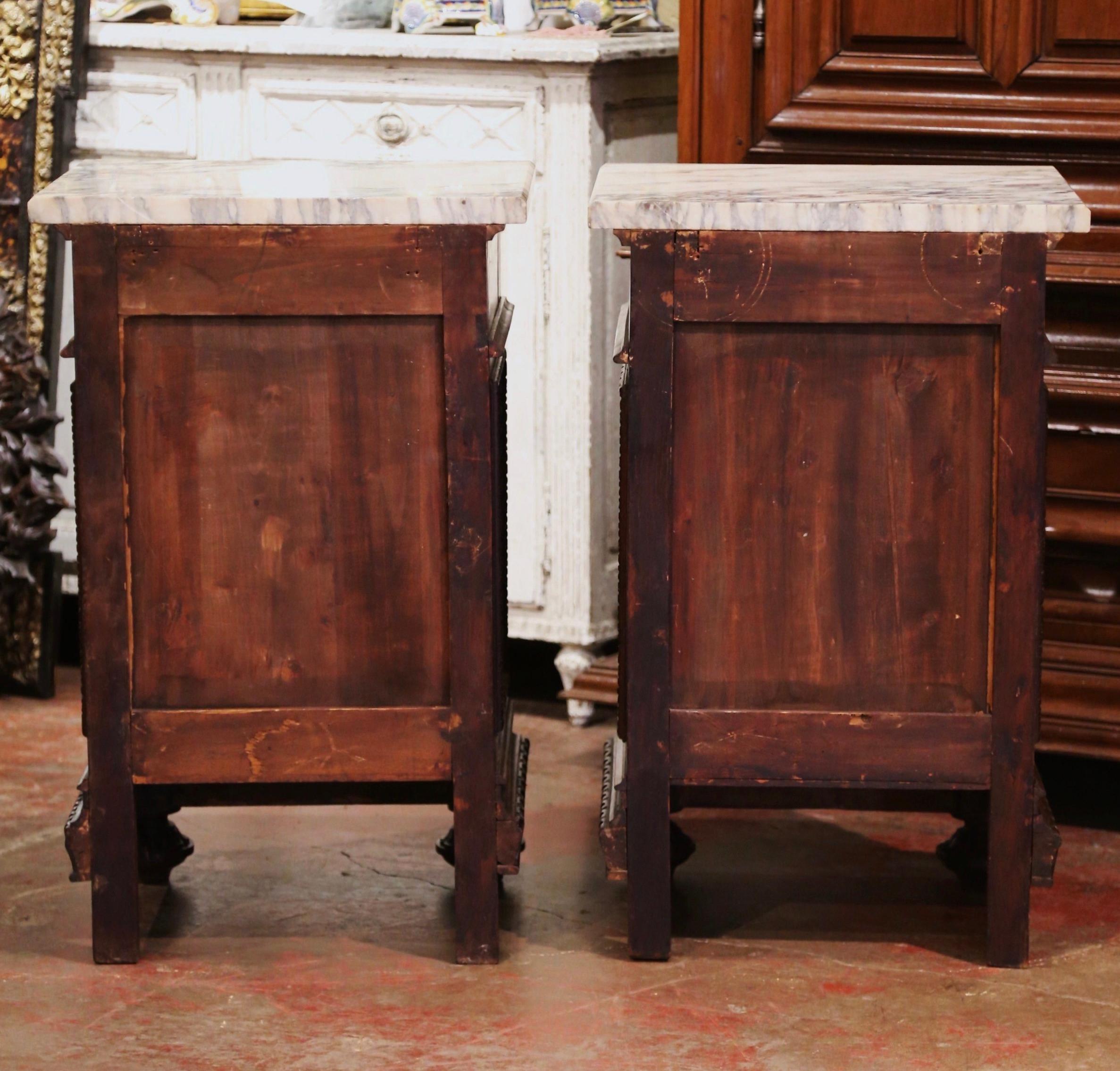 Pair of 19th Century French Carved Oak Nightstands with Marble Top 10