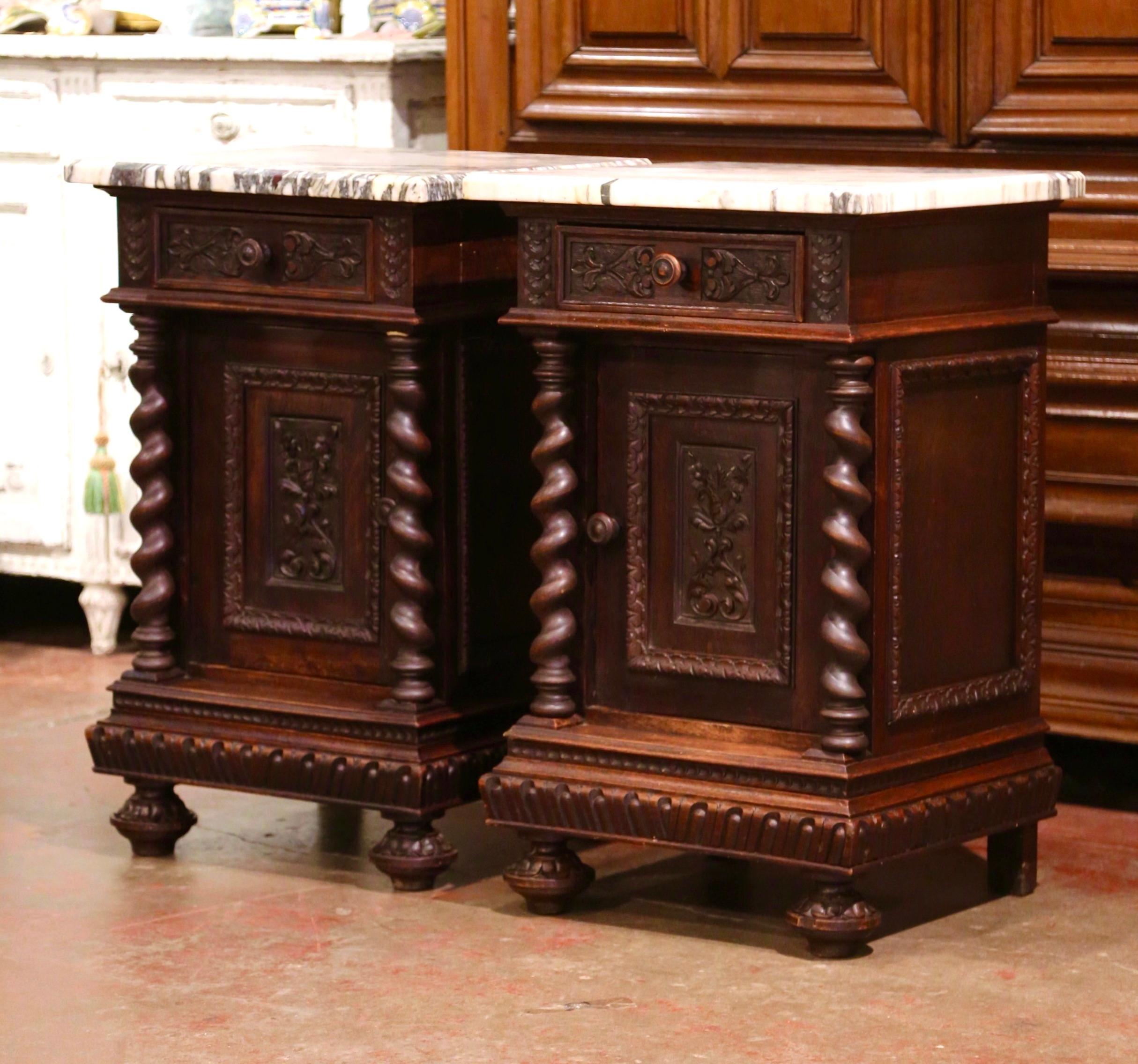 Louis XIII Pair of 19th Century French Carved Oak Nightstands with Marble Top