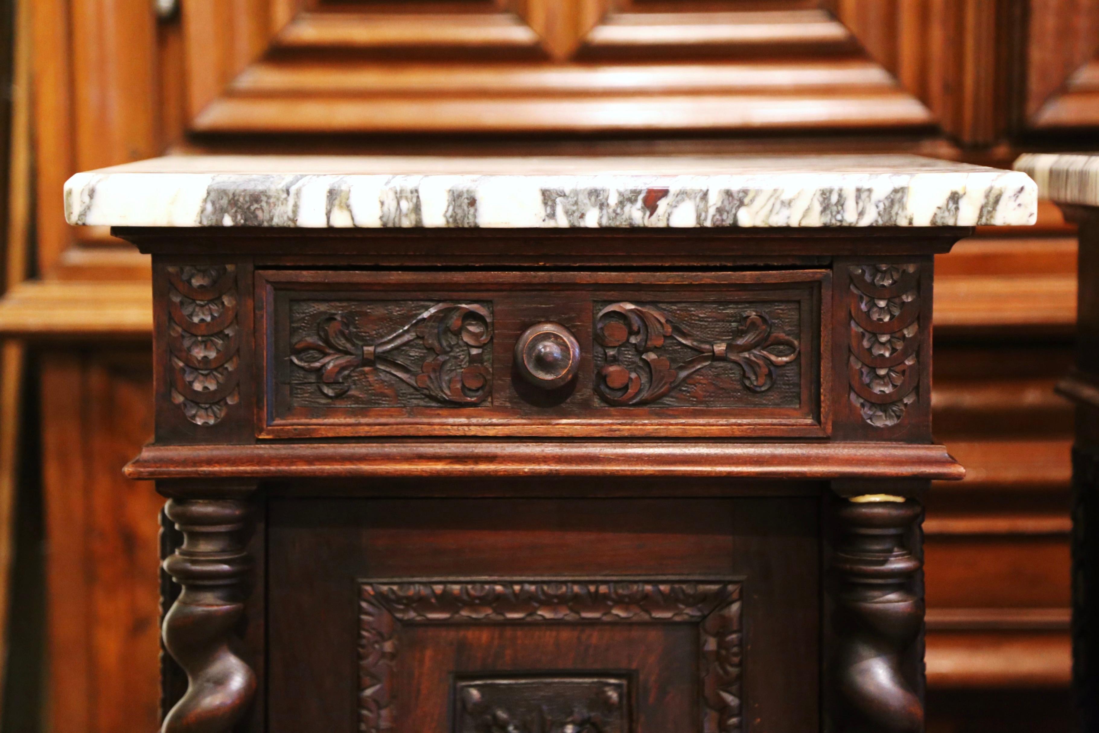 Hand-Carved Pair of 19th Century French Carved Oak Nightstands with Marble Top