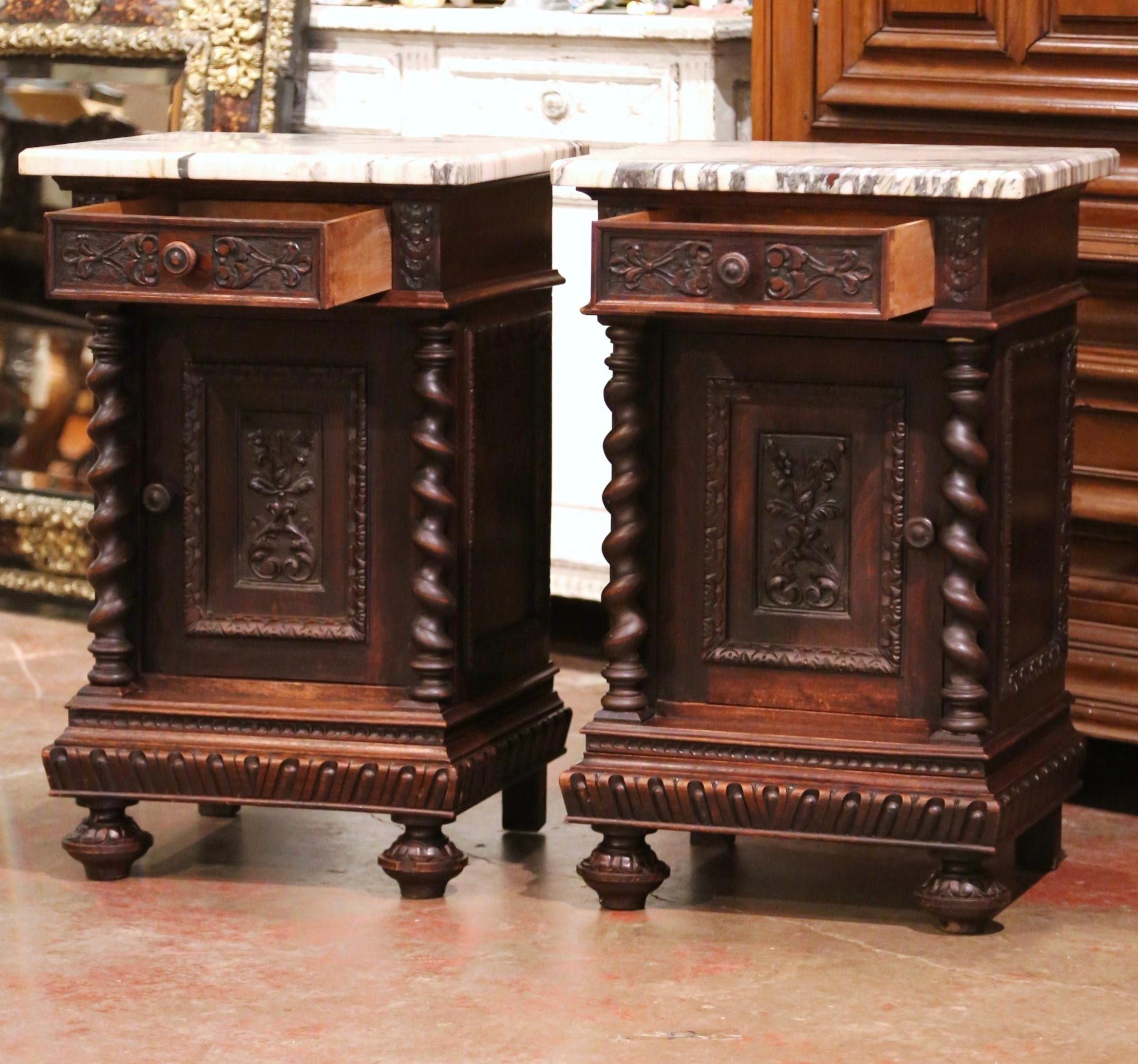 Pair of 19th Century French Carved Oak Nightstands with Marble Top 3