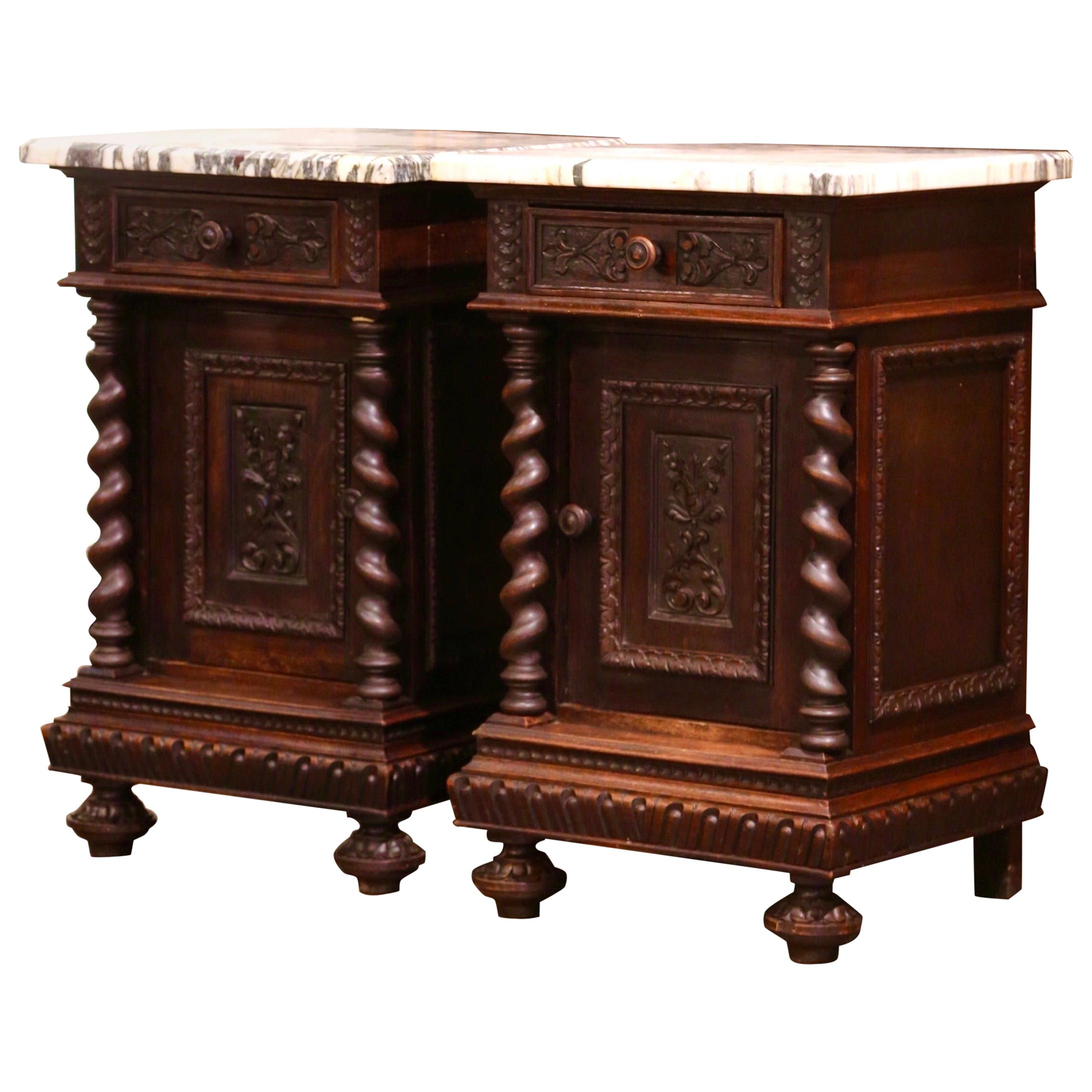 Pair of 19th Century French Carved Oak Nightstands with Marble Top