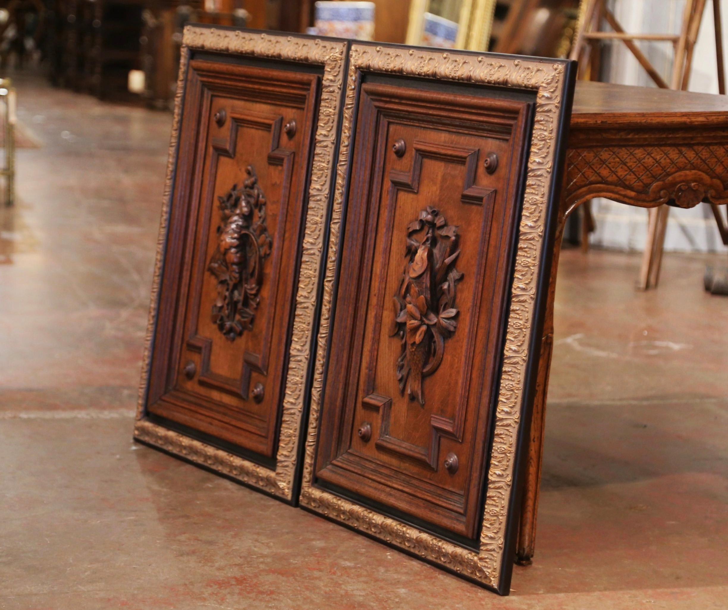Pair of 19th Century French Carved Oak Wall Door Panels in Gilt Frames 5