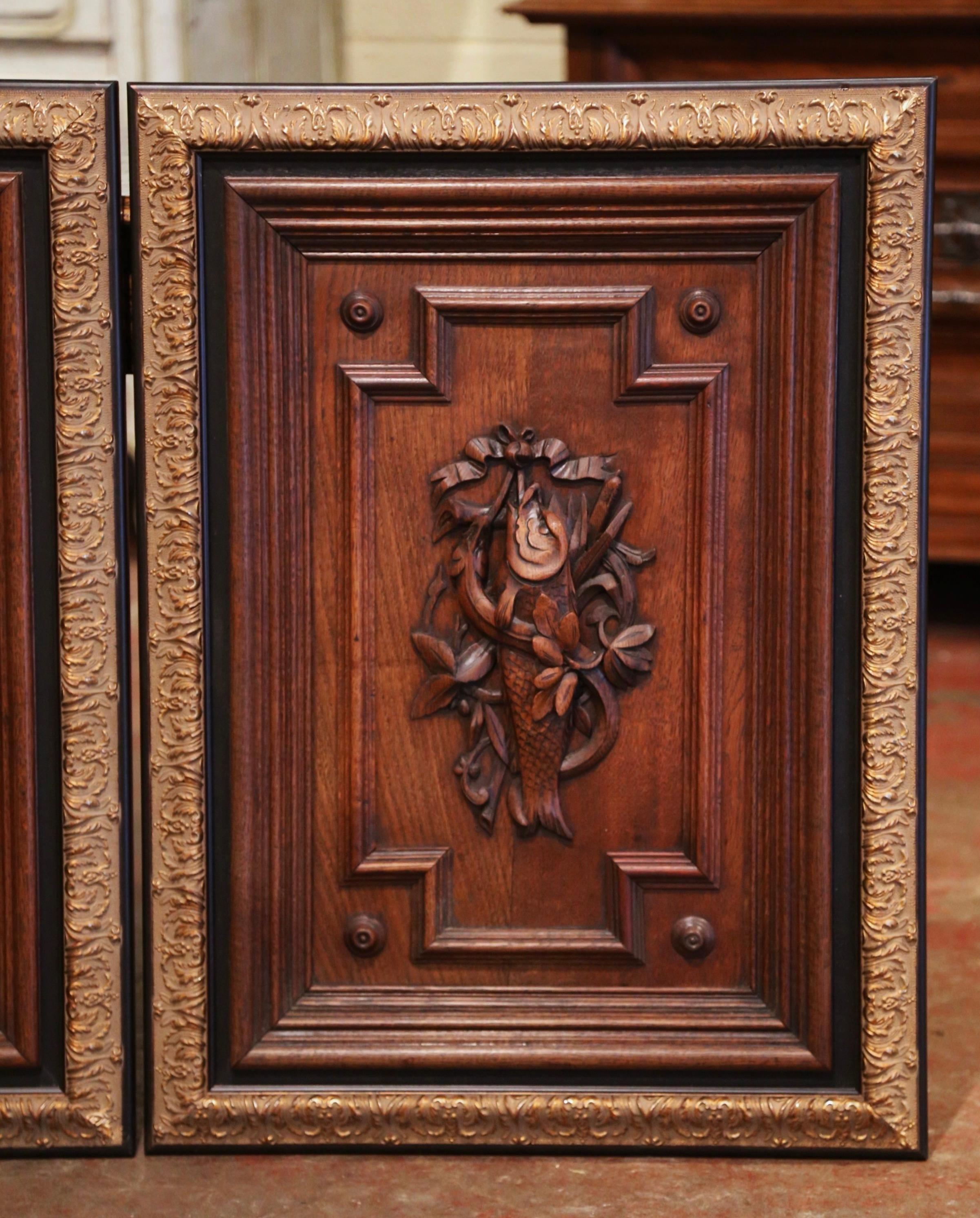 Hand-Carved Pair of 19th Century French Carved Oak Wall Door Panels in Gilt Frames