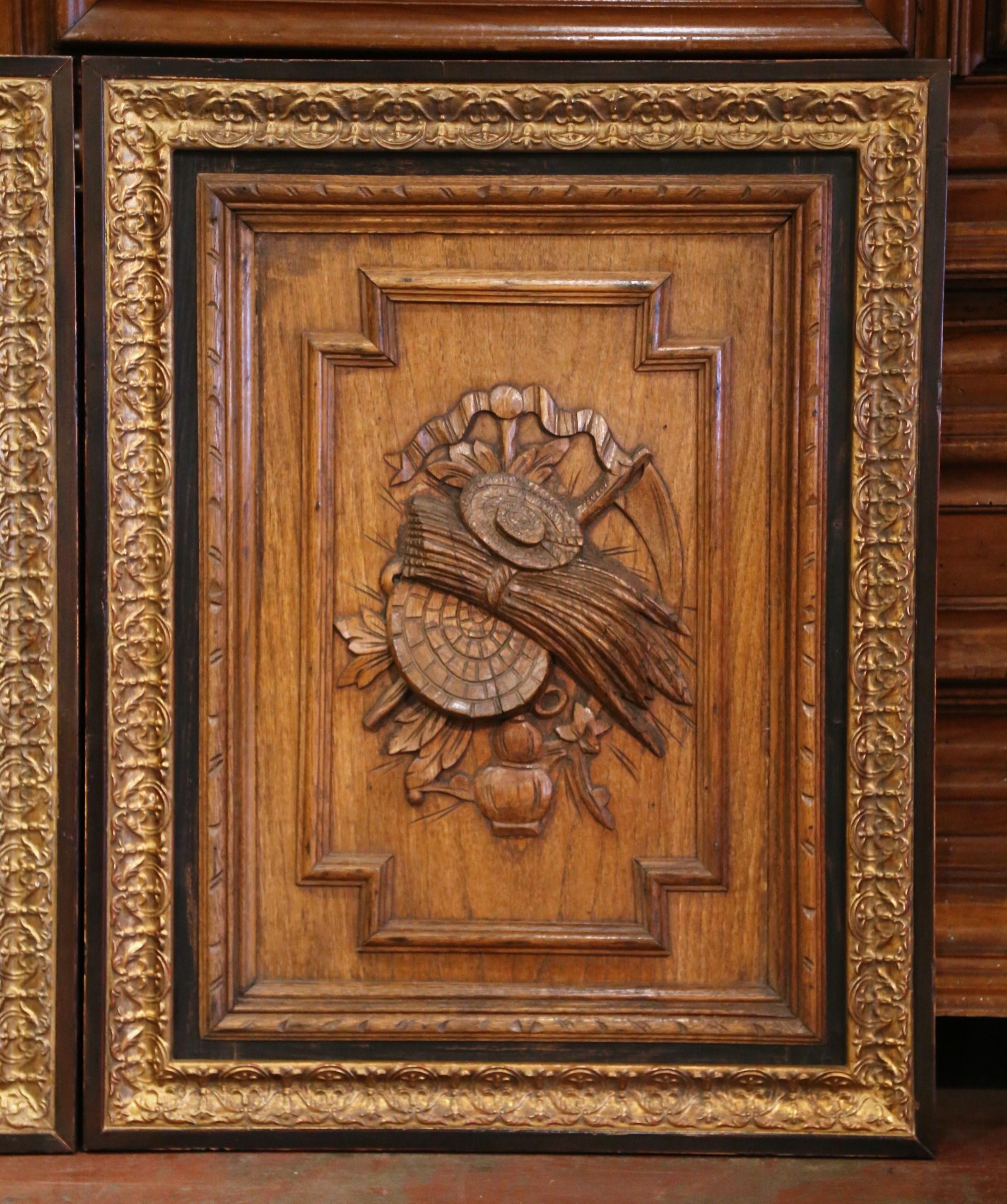 Hand-Carved Pair of 19th Century, French Carved Oak Wall Door Panels in Gilt Frames For Sale
