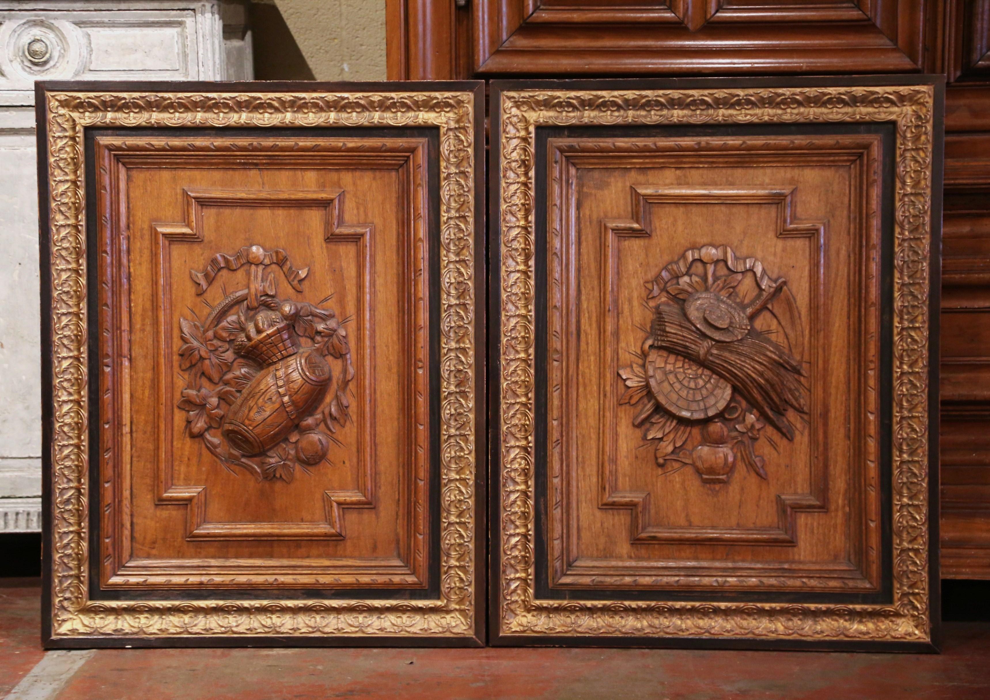 Pair of 19th Century, French Carved Oak Wall Door Panels in Gilt Frames In Excellent Condition For Sale In Dallas, TX