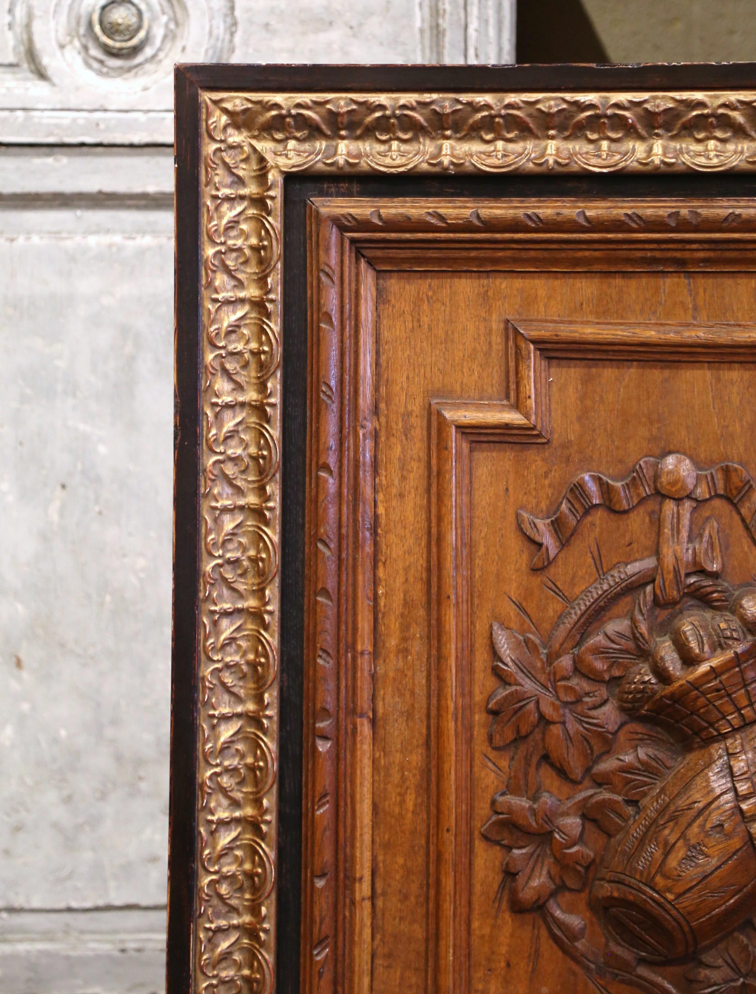 Pair of 19th Century, French Carved Oak Wall Door Panels in Gilt Frames For Sale 1