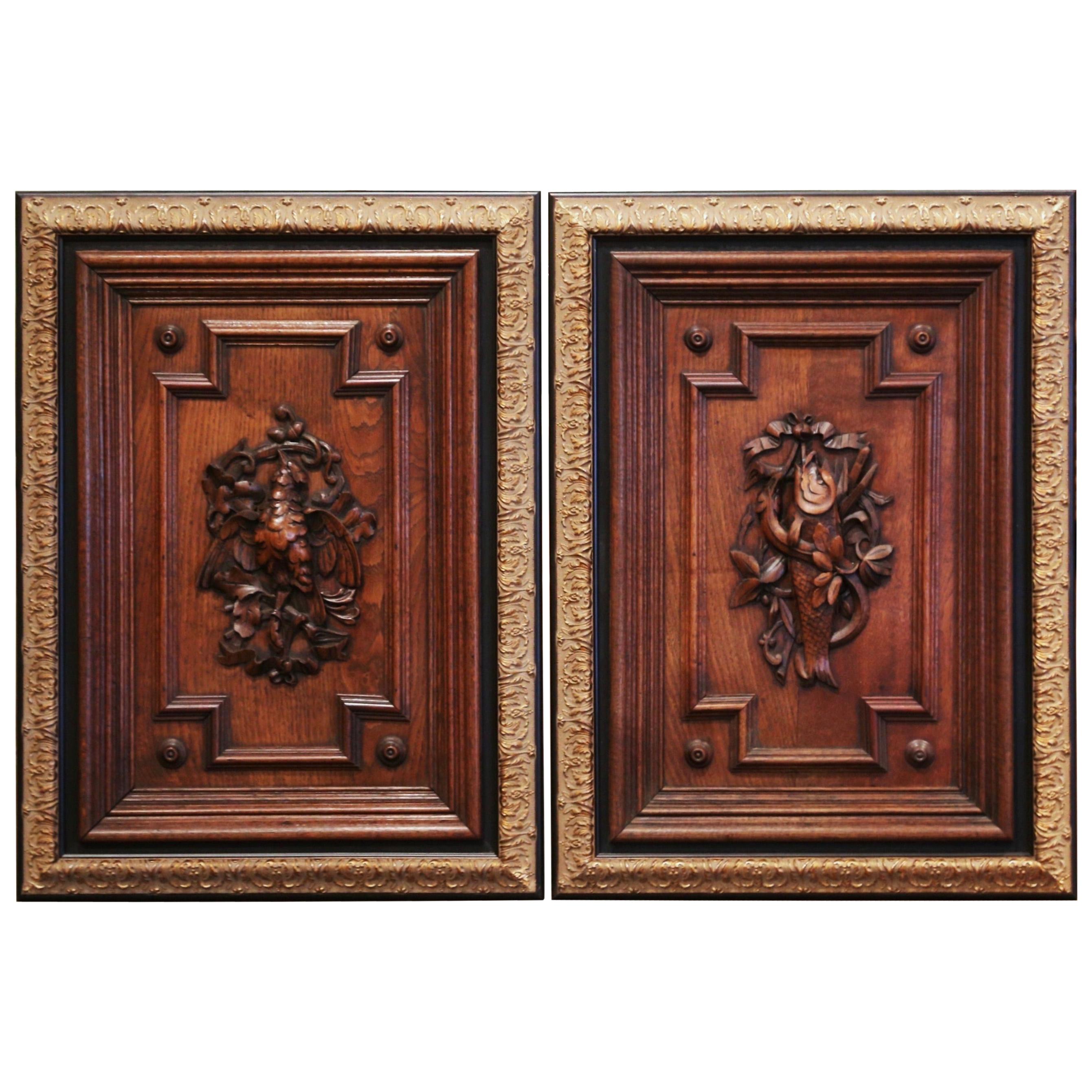 Pair of 19th Century French Carved Oak Wall Door Panels in Gilt Frames