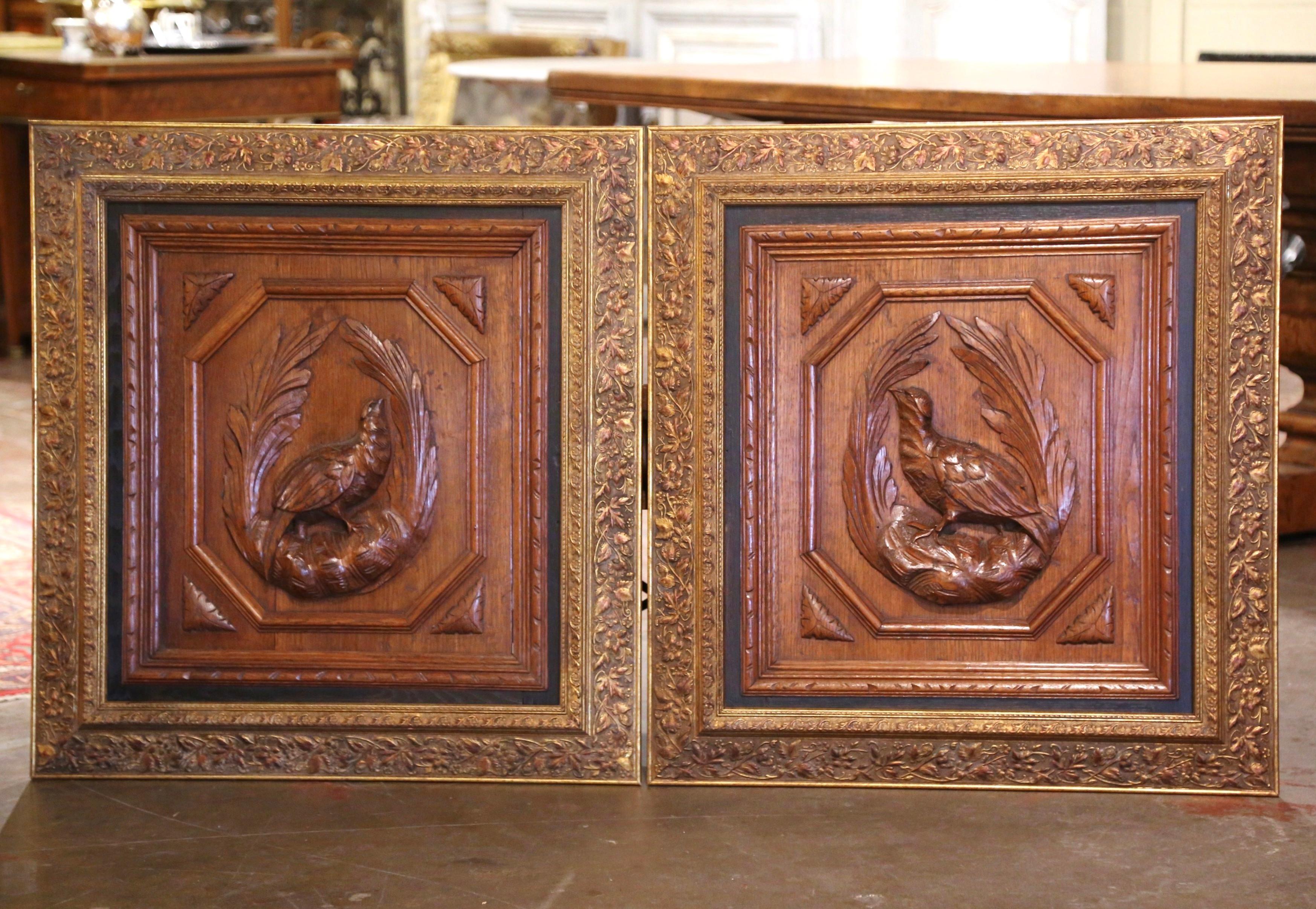 Decorate a man's office, a ranch or a hunting lodge with this pair of elegant antique wall plaques. Crafted in France circa 1870 and built of oak wood, and almost square in shape, the sculpted elements are decorated with exquisite carvings in high