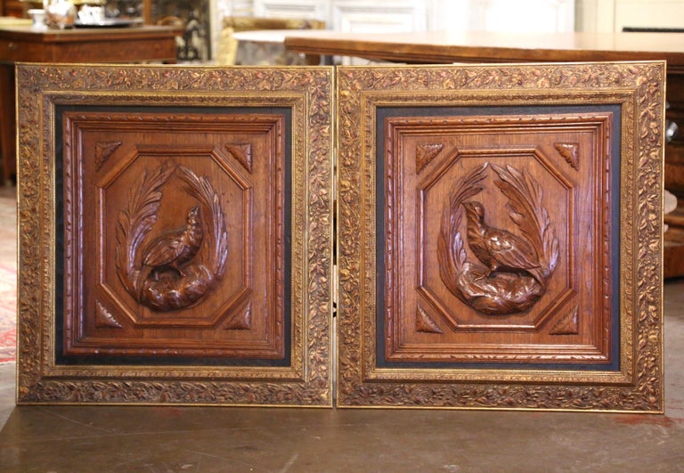 Pair of 19th Century French Carved Oak Wall Panels with Pheasants in