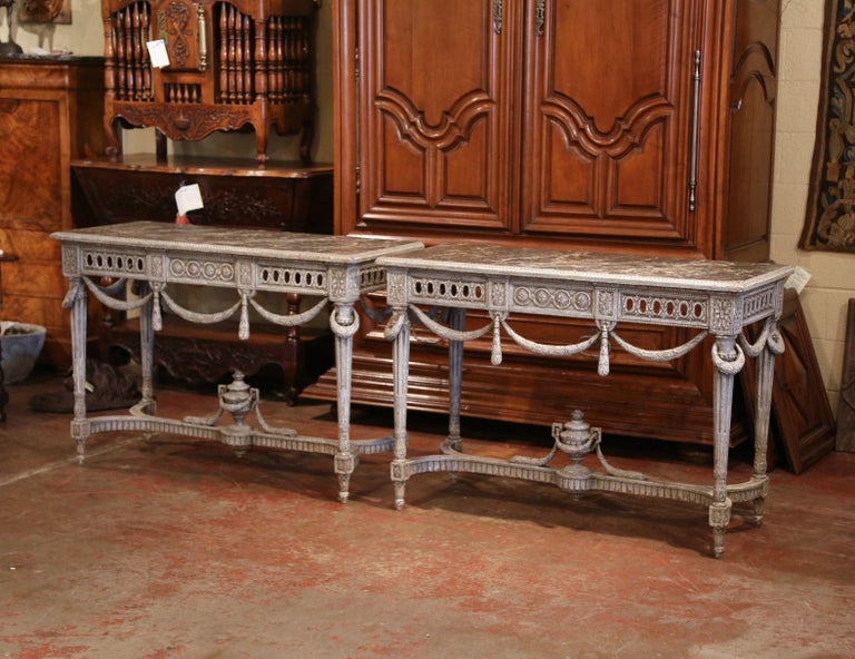 Pair of 19th Century French Carved Painted Consoles Tables with Faux