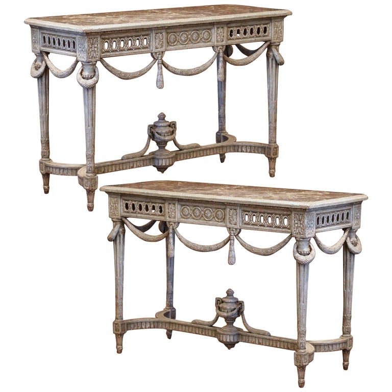 Pair of 19th Century French Carved Painted Consoles Tables with Faux