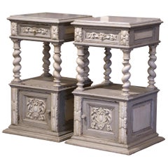 Pair of 19th Century French Carved Painted Nightstands with Marble Top