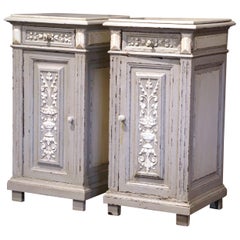 Antique Pair of 19th Century French Carved Painted Nightstands with Marble Top