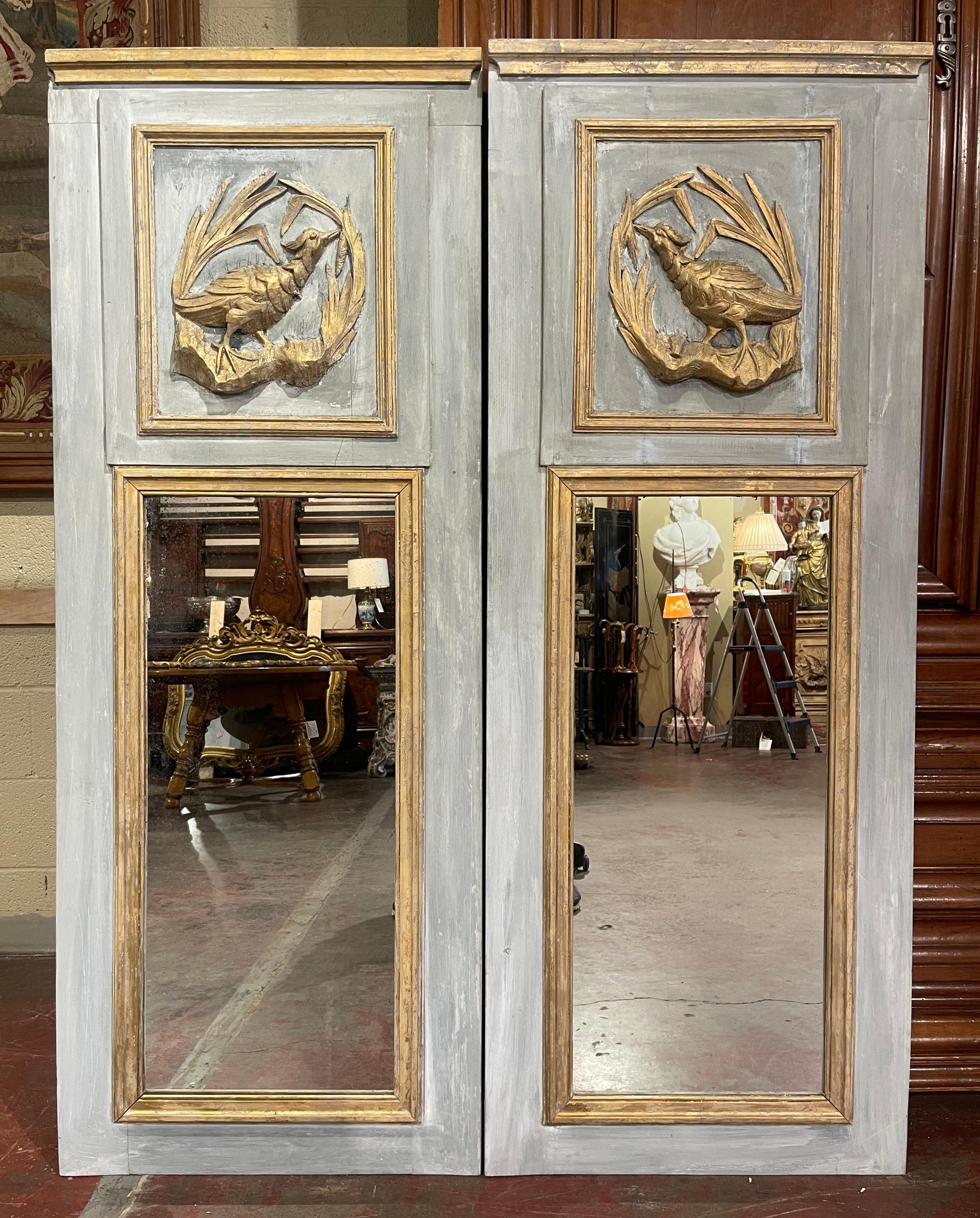 20th Century Pair of Mid Century French Carved Painted Trumeaux Mirrors with Pheasant Motifs
