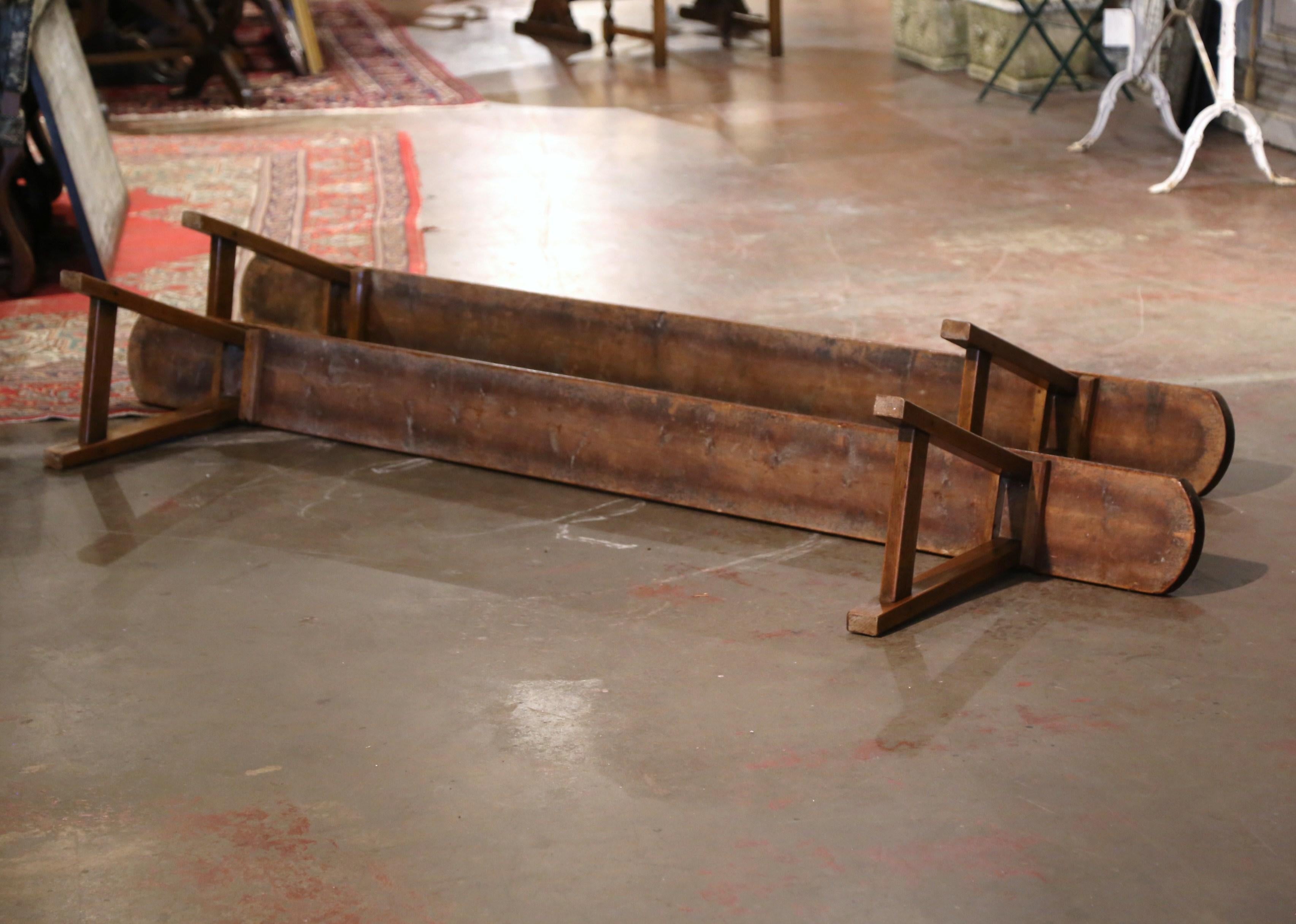 Pair of 19th Century French Carved Pine Trestle Benches from Normandy For Sale 5