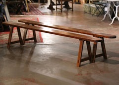 Pair of 19th Century French Carved Pine Trestle Benches from Normandy