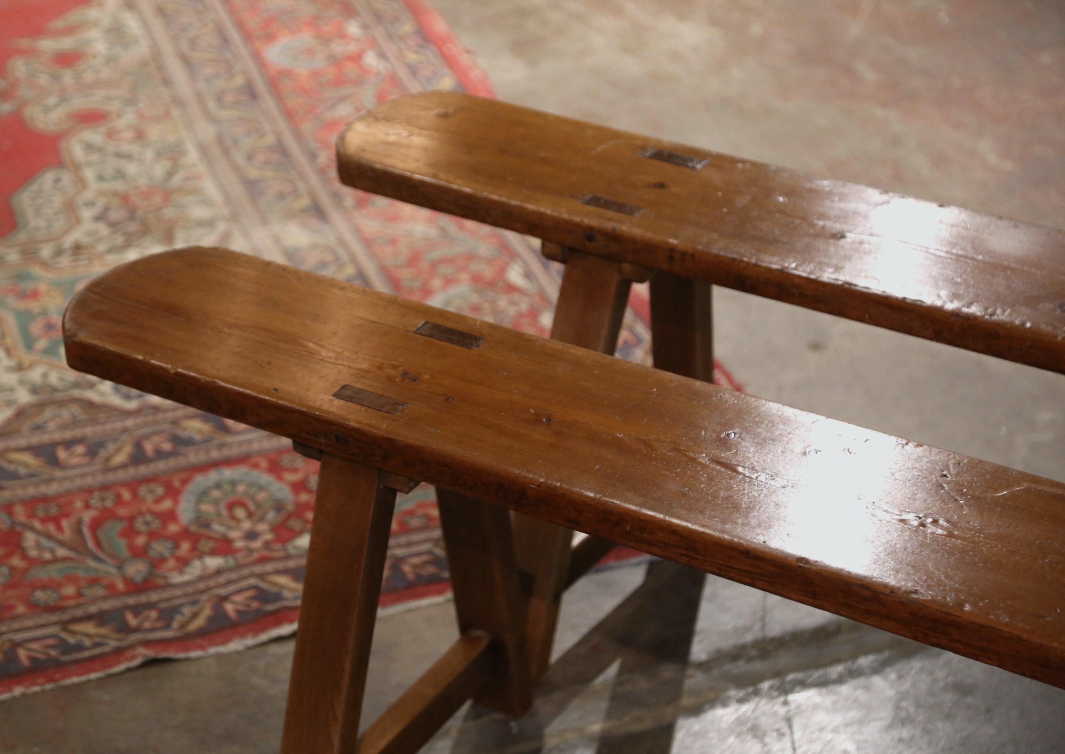 Country Pair of 19th Century French Carved Pine Trestle Benches from Normandy For Sale