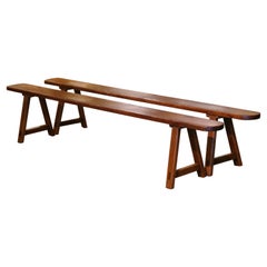 Pair of 19th Century French Carved Pine Trestle Benches from Normandy