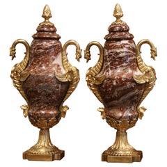 Pair of 19th Century French Carved Red Marble and Gilt Bronze Cassolettes Urns Pair of 19th Century French Carved Red Marble and Gilt Bronze Cassolettes Urns