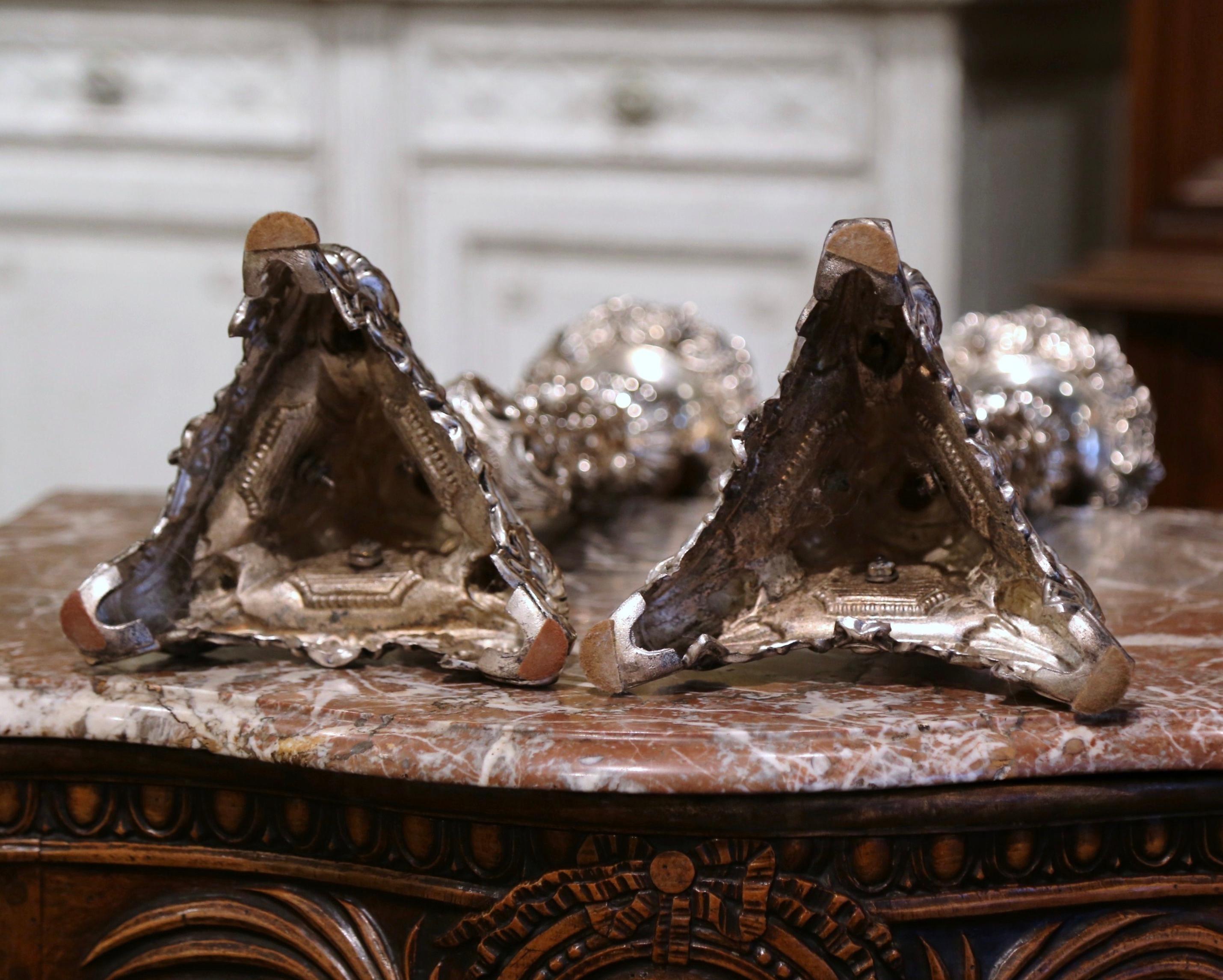 Pair of 19th Century French Carved Repousse Silver Plated Brass Candle Holders For Sale 4