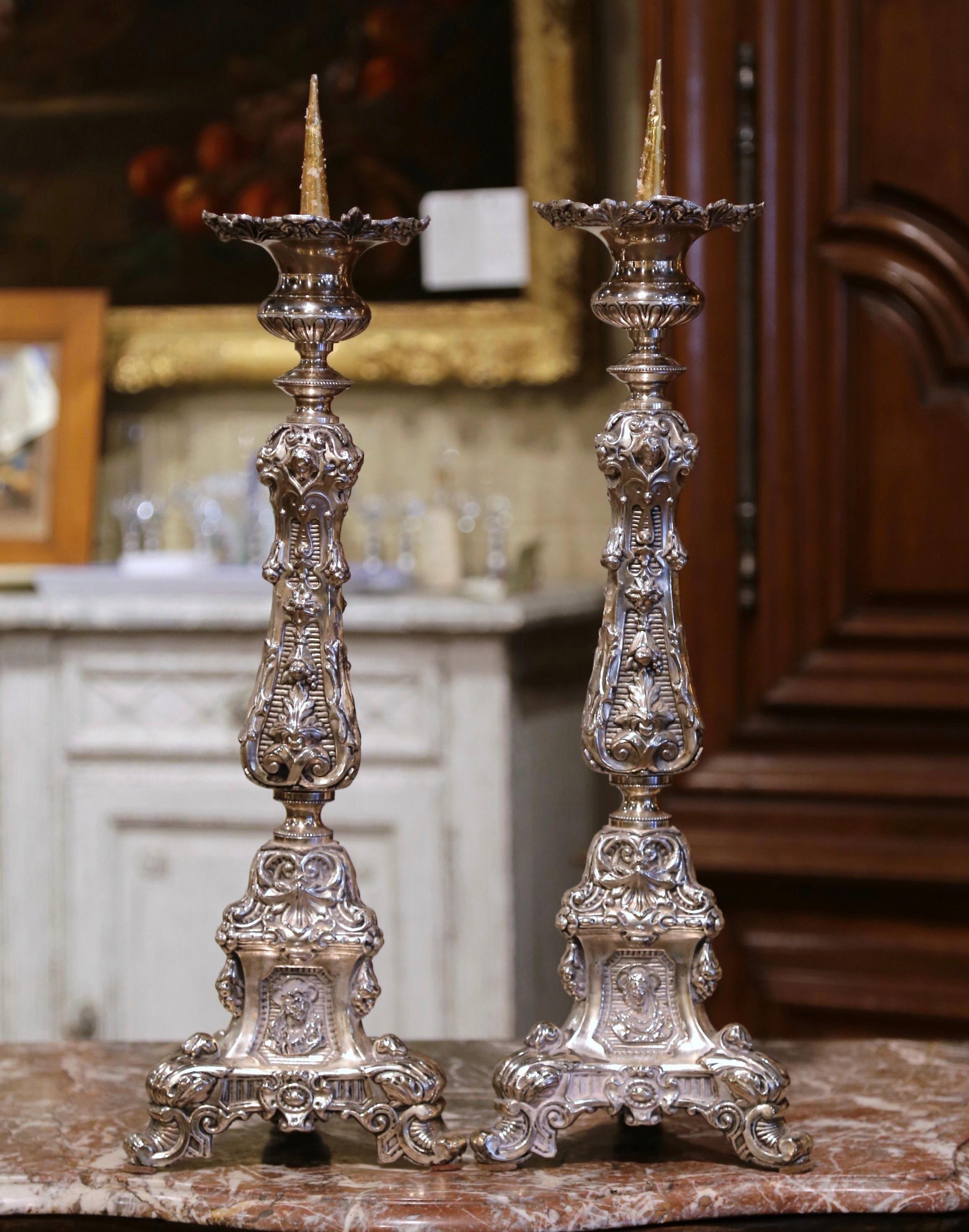 Pair of 19th Century French Carved Repousse Silver Plated Brass Candle Holders In Excellent Condition For Sale In Dallas, TX